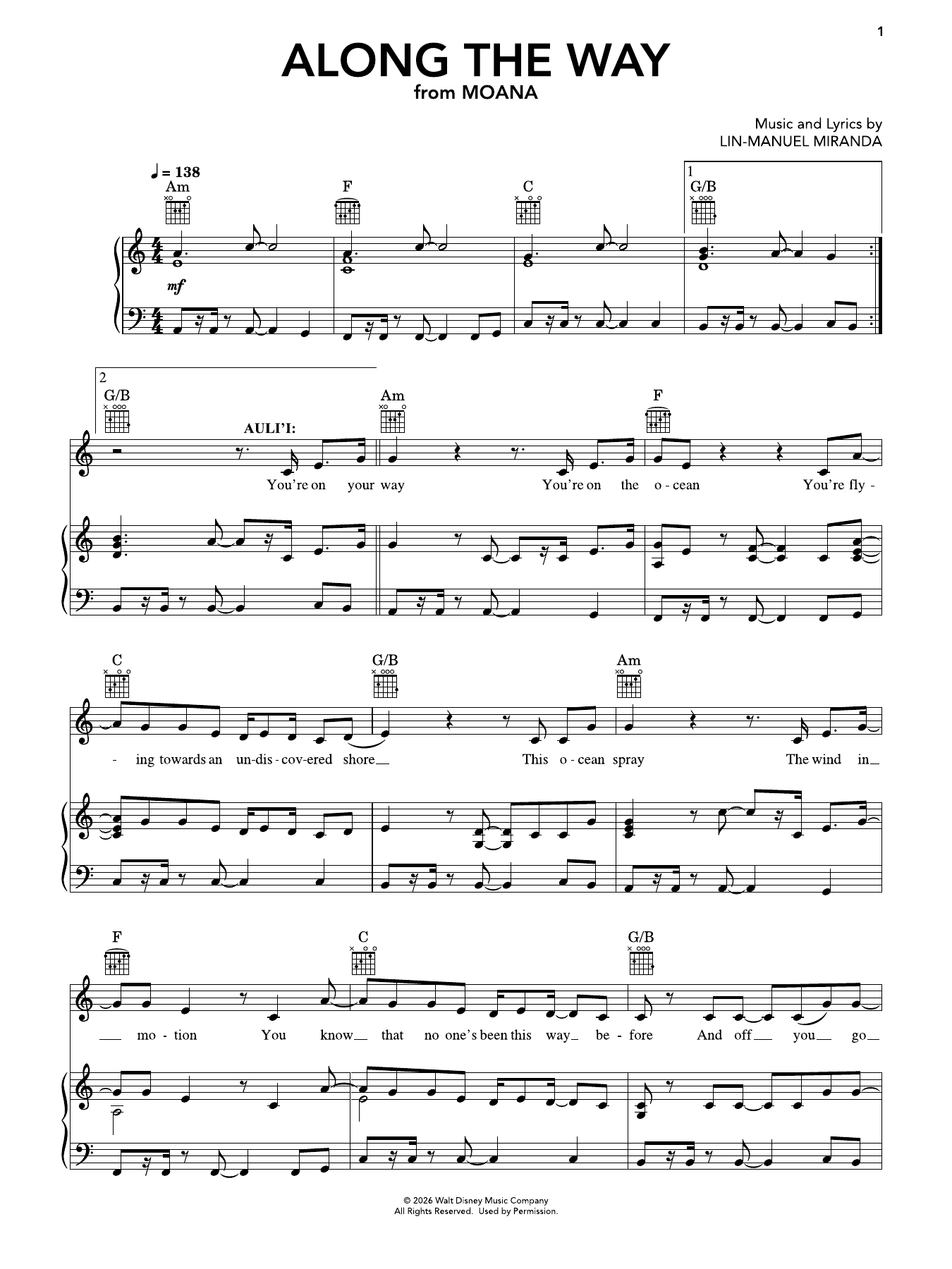 Along The Way (from Moana) (2026): Piano/Vocal/Guitar Sheet