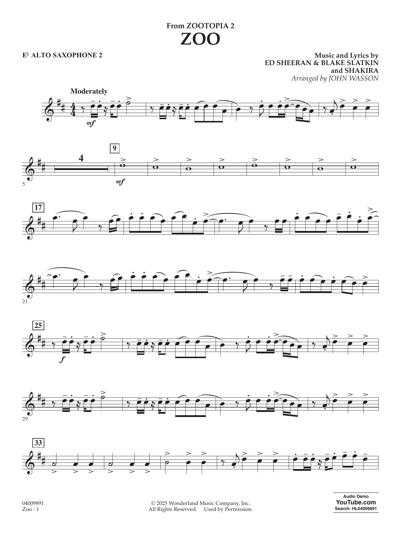Zoo (from Zootopia 2) - Eb Alto Saxophone 2