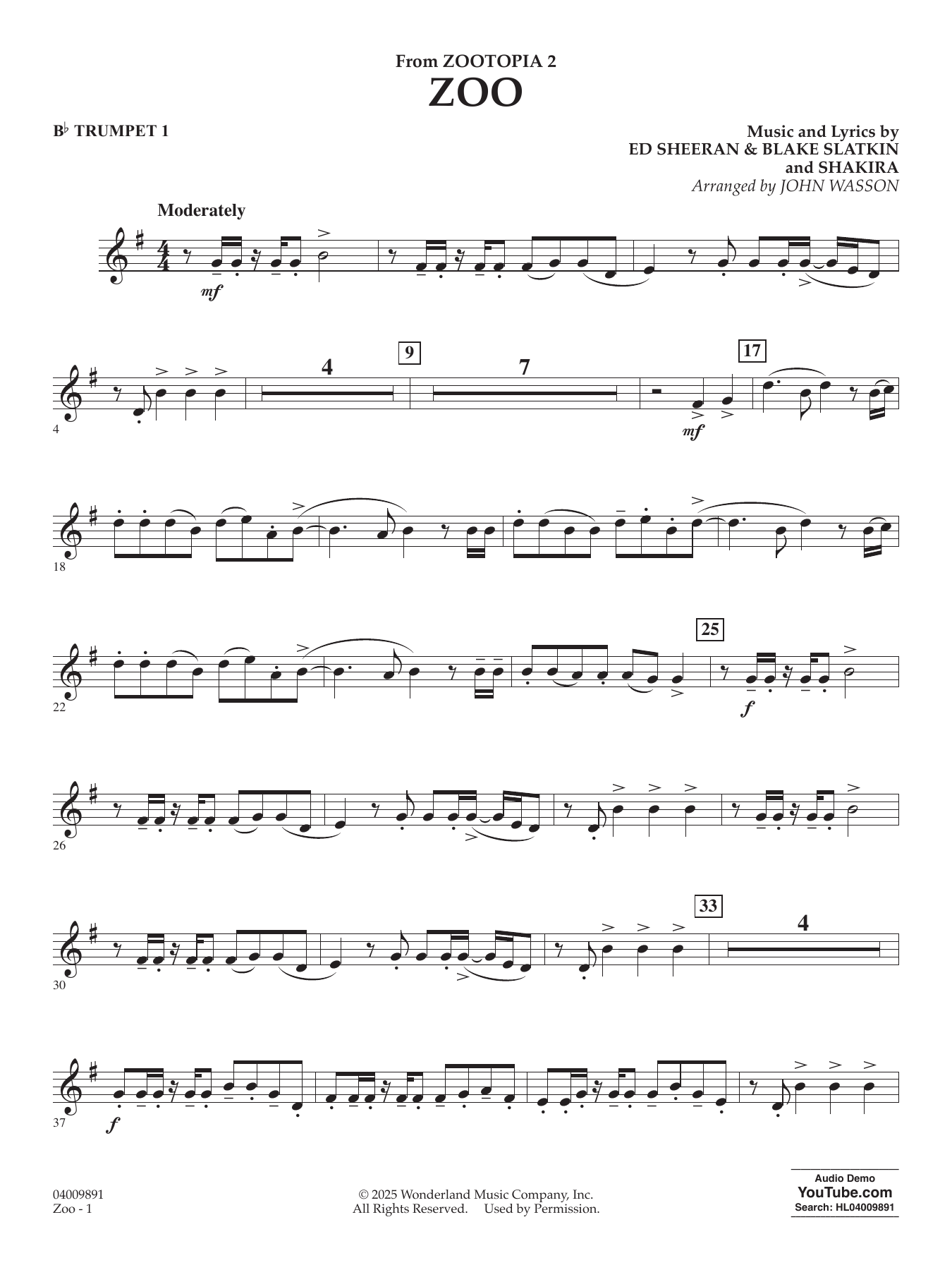 Zoo (from Zootopia 2) - Bb Trumpet 1