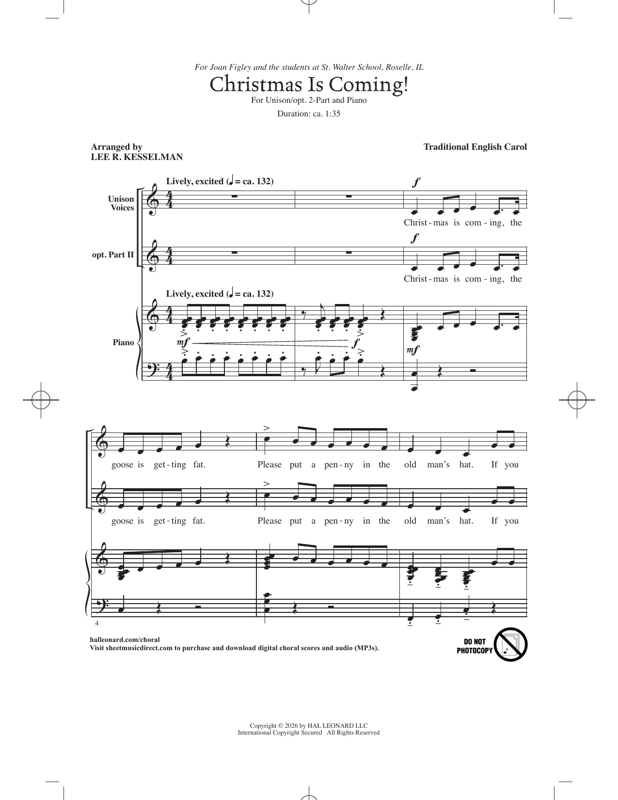 Christmas Is Coming! (arr. Lee R. Kesselman): Unison/Opt. 2-Part Choral Octavo