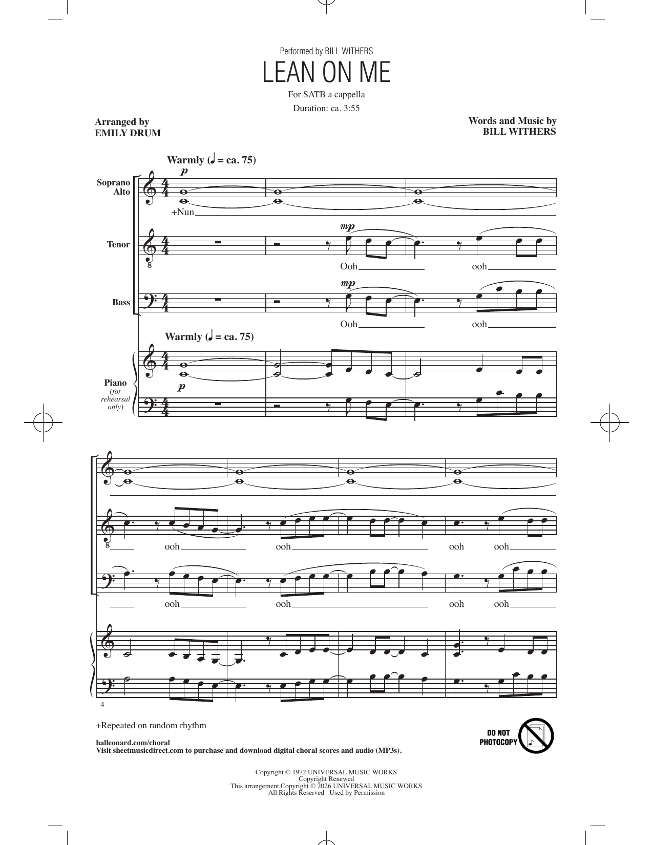 Lean On Me (arr. Emily Drum): SATB Choral Octavo