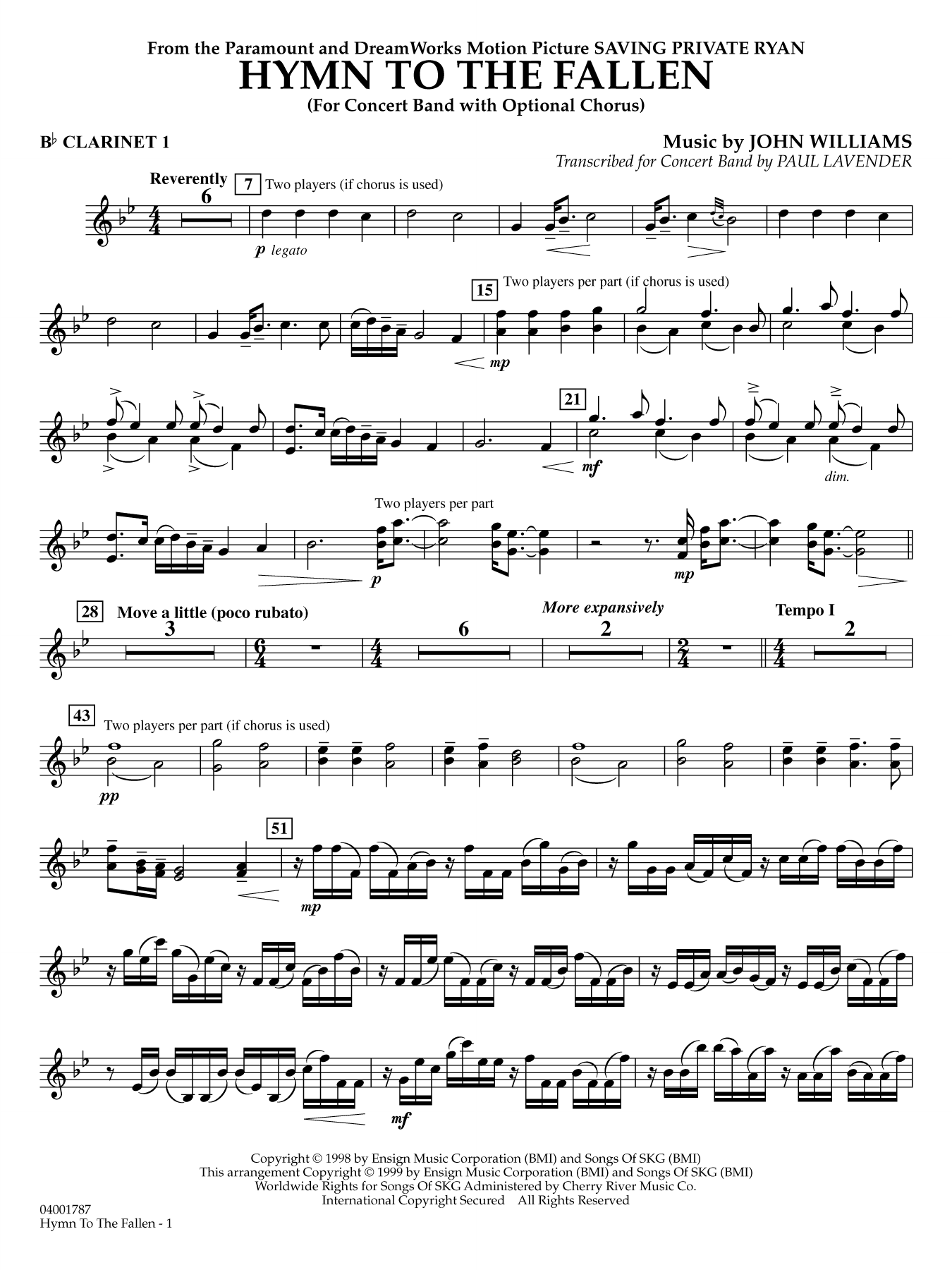 Hymn to the Fallen (from Saving Private Ryan) (arr. Paul Lavender) - Bb Clarinet 1
