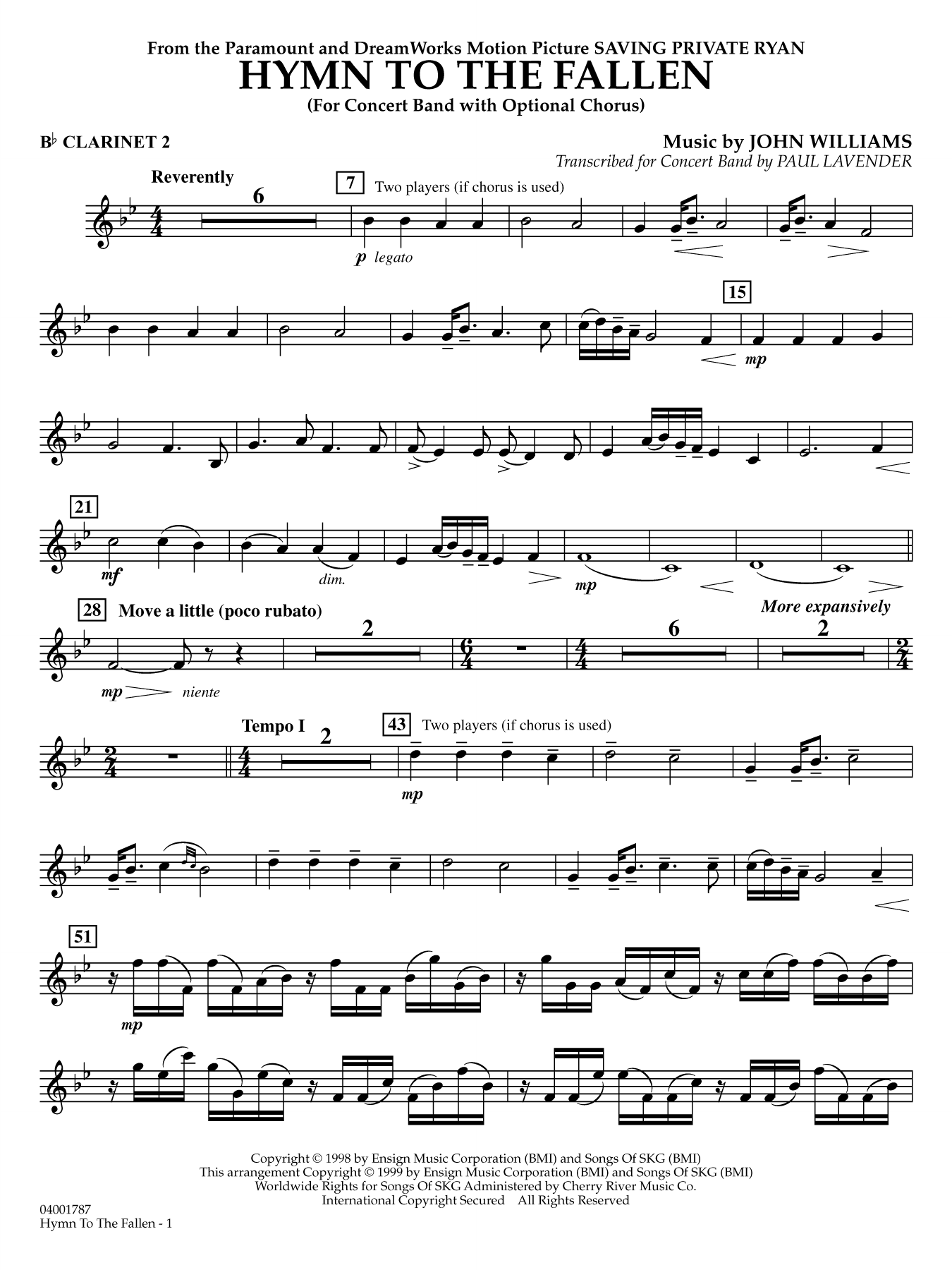 Hymn to the Fallen (from Saving Private Ryan) (arr. Paul Lavender) - Bb Clarinet 2