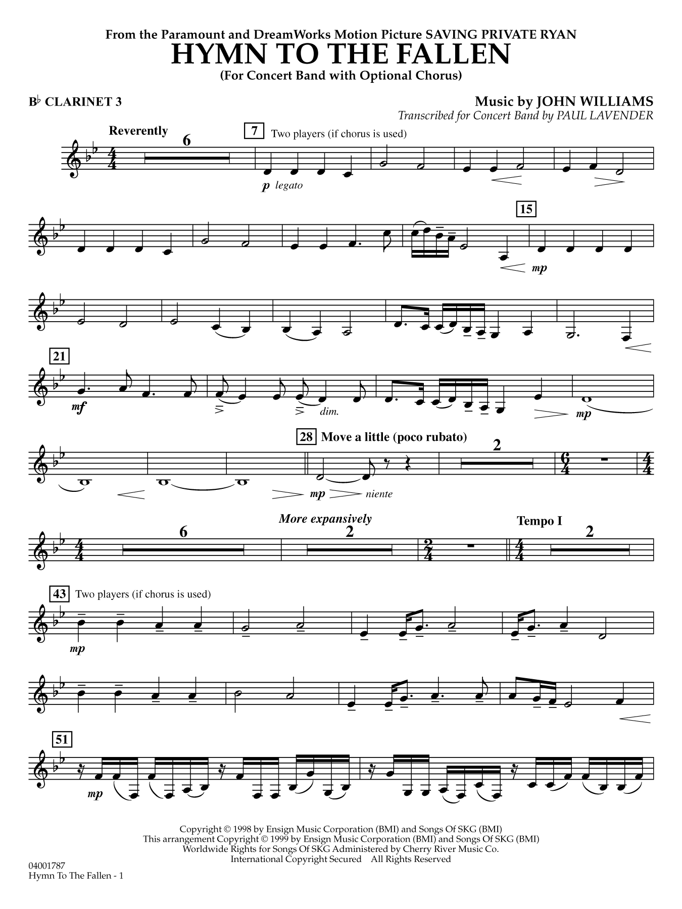 Hymn to the Fallen (from Saving Private Ryan) (arr. Paul Lavender) - Bb Clarinet 3