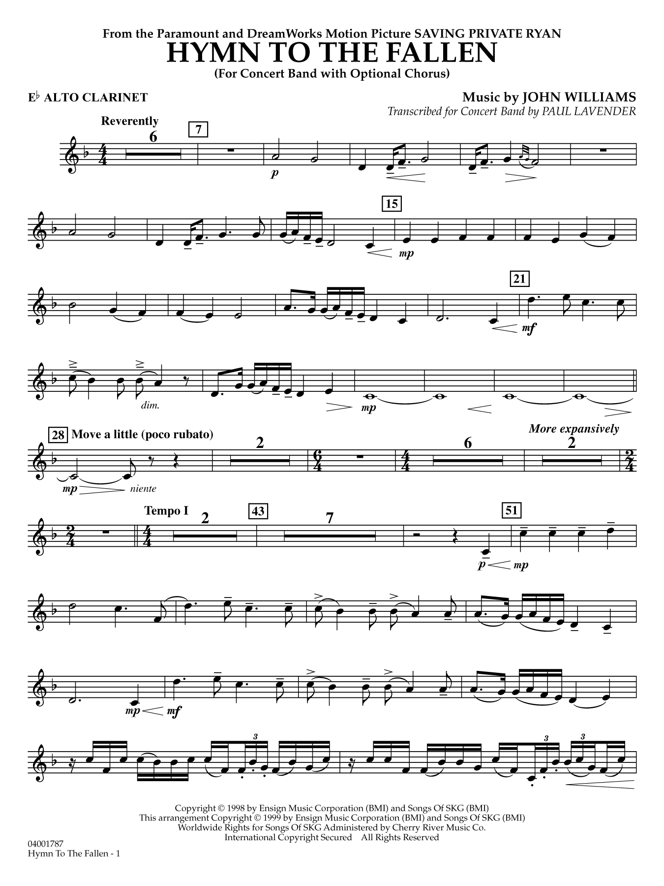 Hymn to the Fallen (from Saving Private Ryan) (arr. Paul Lavender) - Eb Alto Clarinet