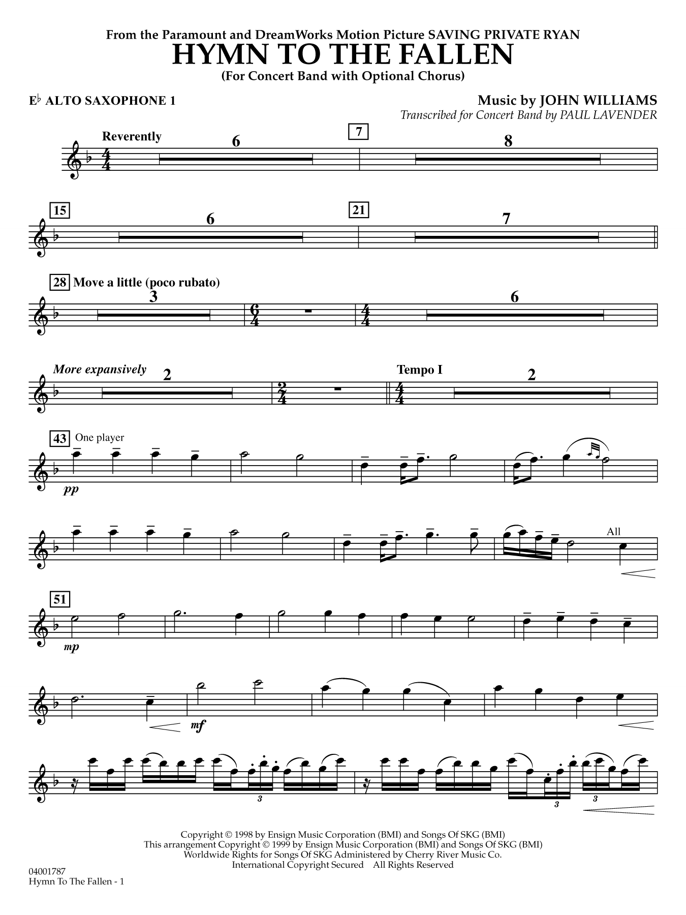 Hymn to the Fallen (from Saving Private Ryan) (arr. Paul Lavender) - Eb Alto Saxophone 1