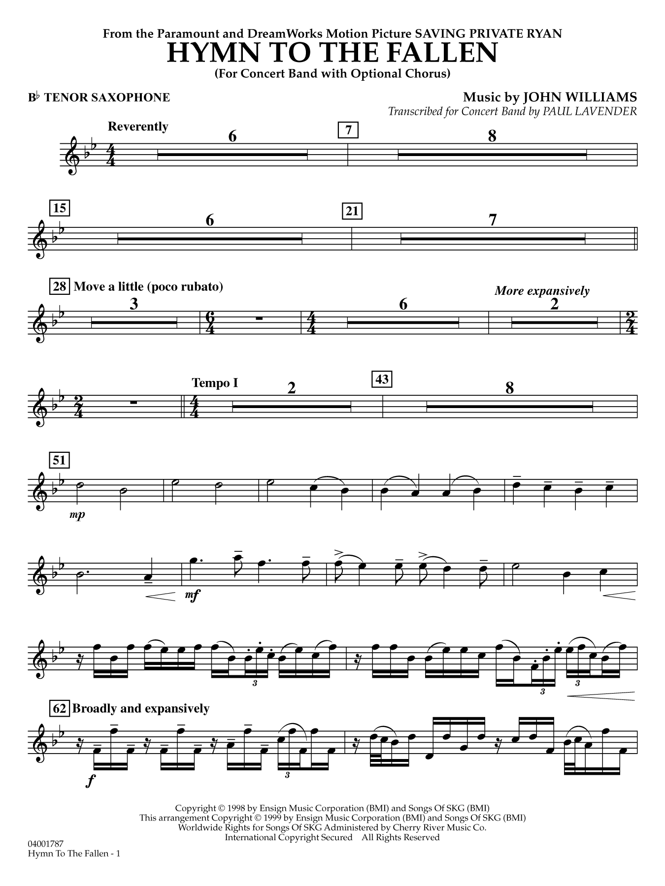 Hymn to the Fallen (from Saving Private Ryan) (arr. Paul Lavender) - Bb Tenor Saxophone