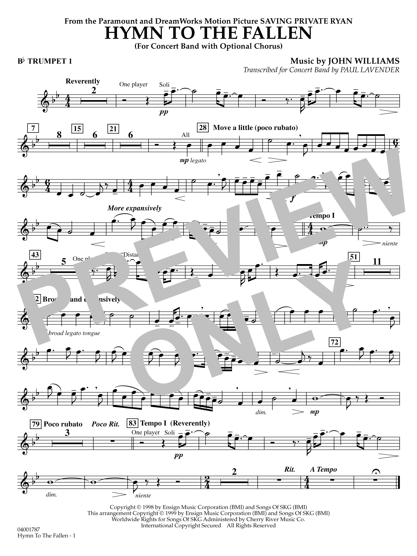 Hymn to the Fallen (from Saving Private Ryan) (arr. Paul Lavender) - Bb Trumpet 1
