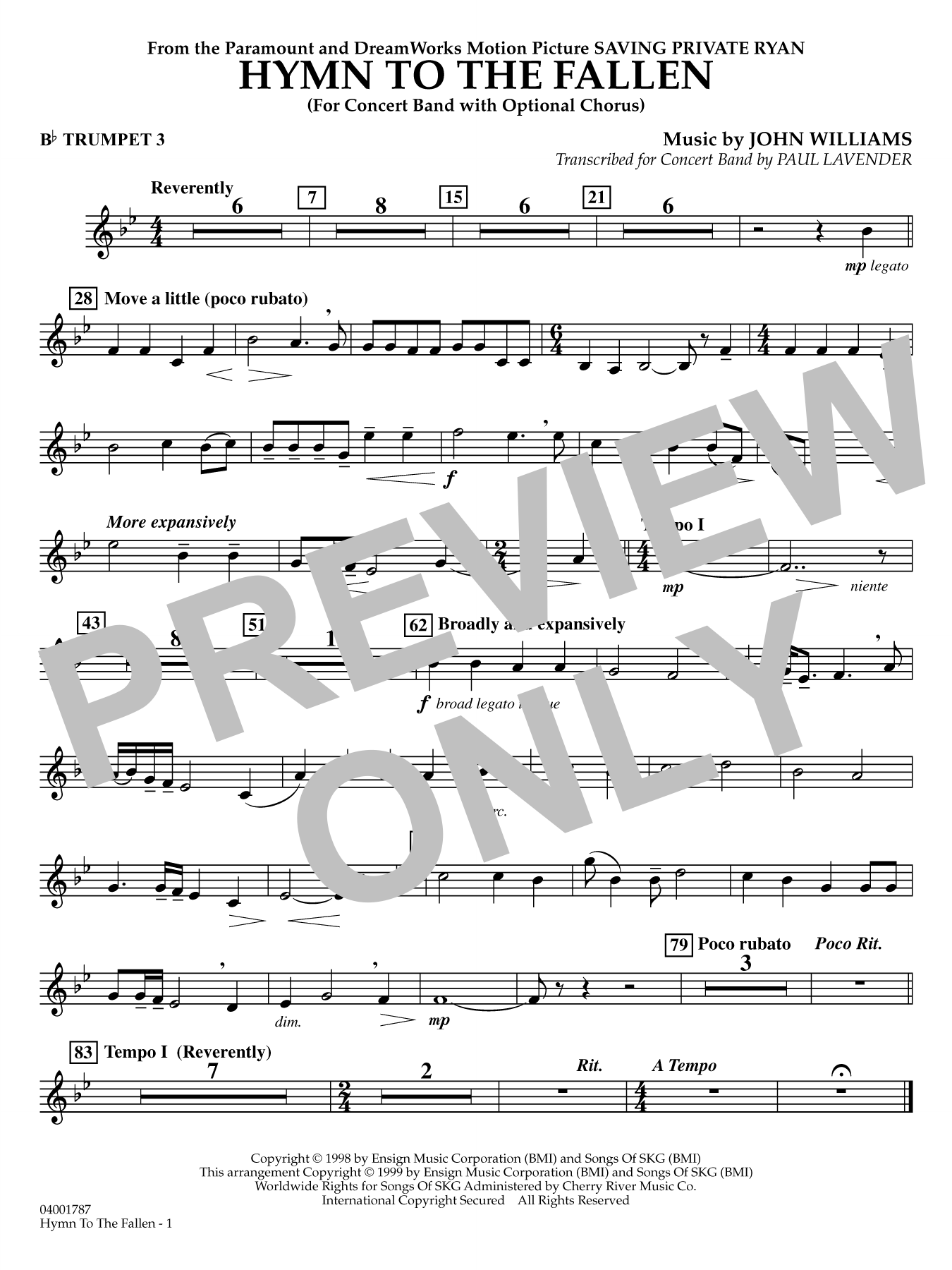 Hymn to the Fallen (from Saving Private Ryan) (arr. Paul Lavender) - Bb Trumpet 3