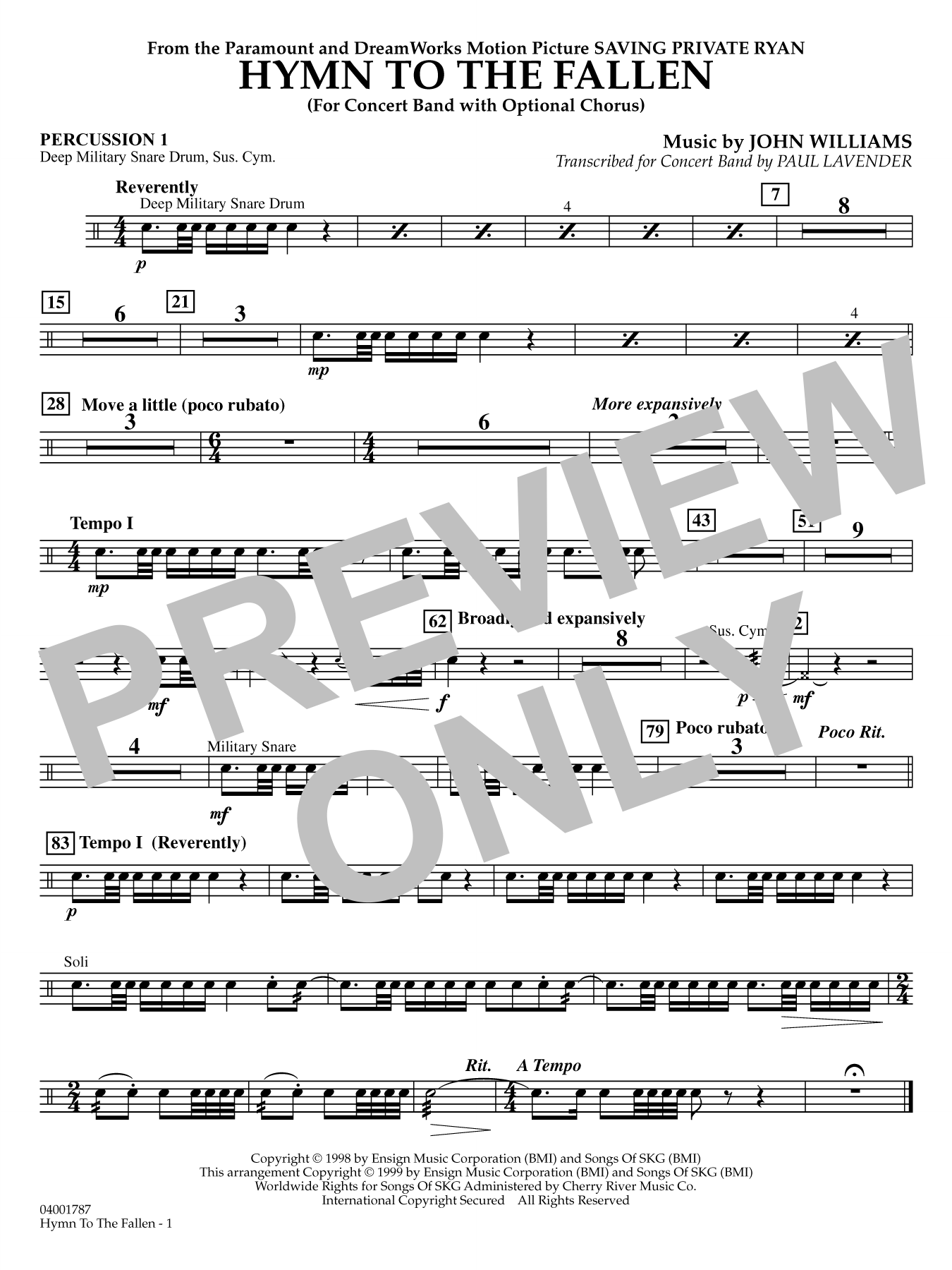Hymn to the Fallen (from Saving Private Ryan) (arr. Paul Lavender) - Percussion 1