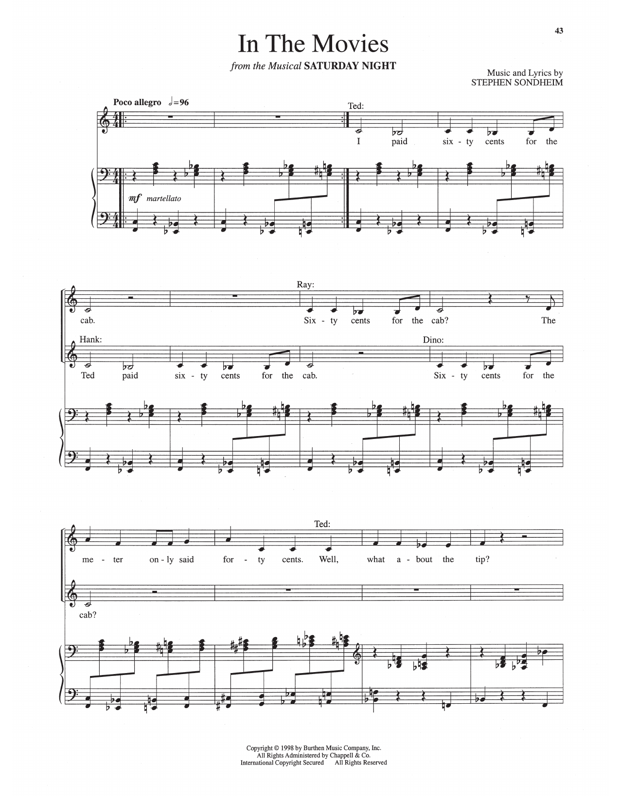 In The Movies (from Saturday Night): Piano Vocal