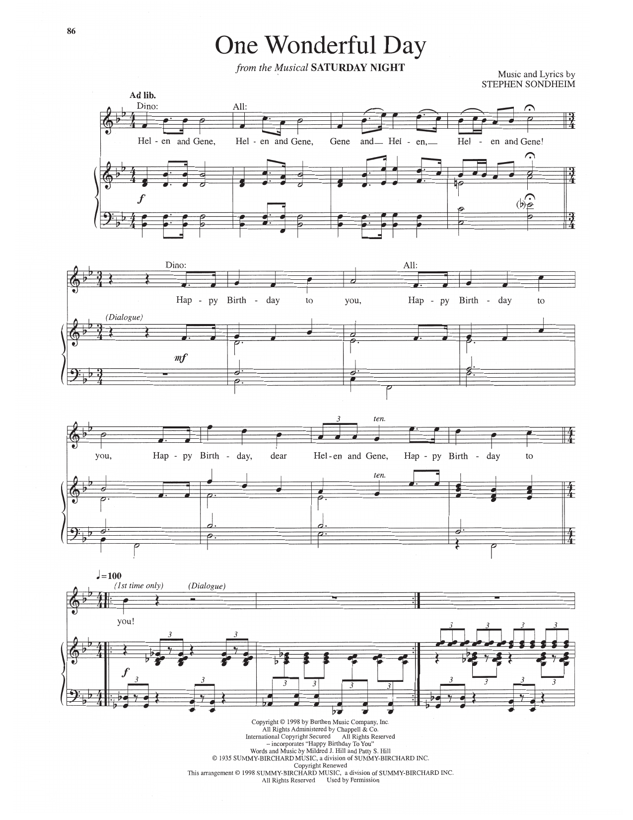 One Wonderful Day (from Saturday Night): Piano Vocal