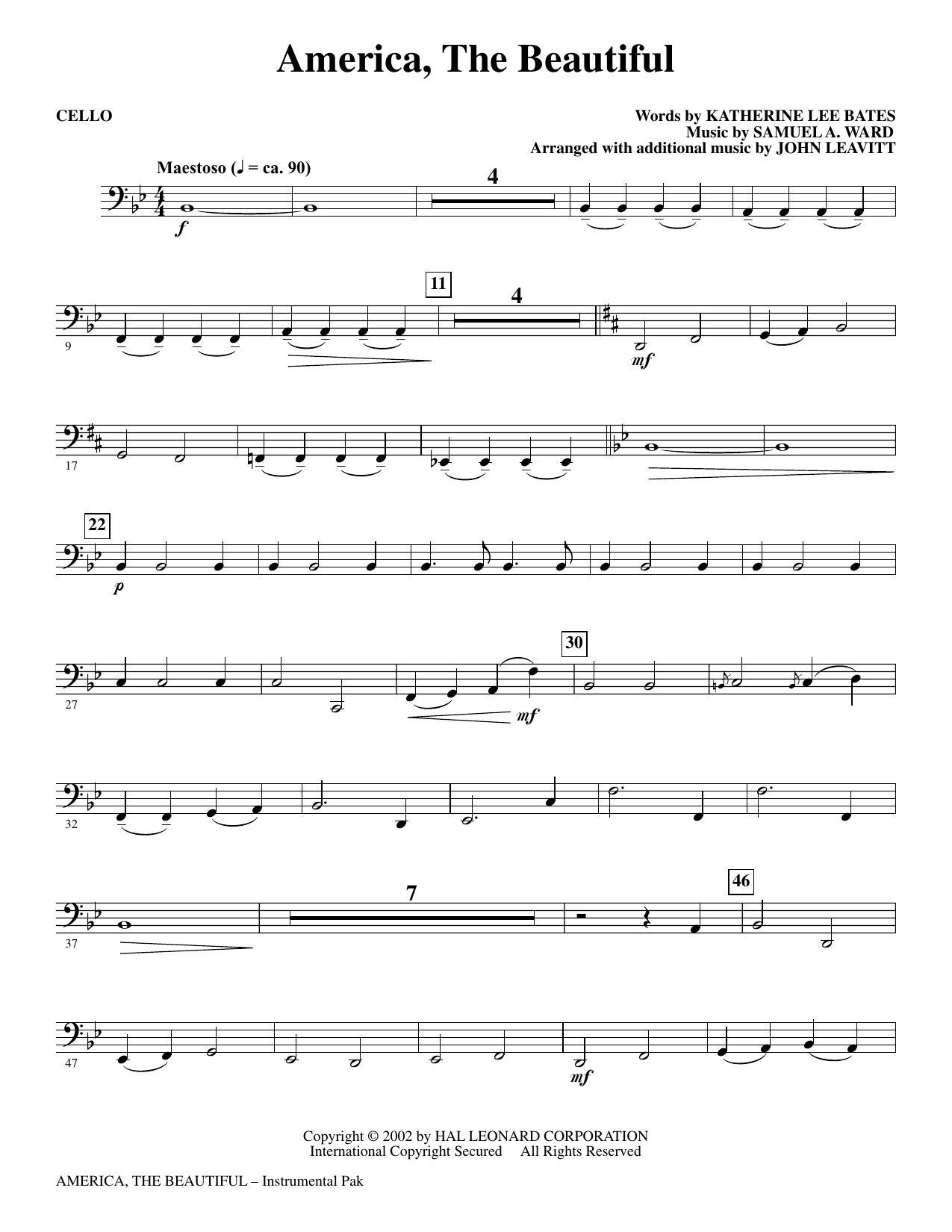America, The Beautiful - Cello: Choral Instrumental Pak