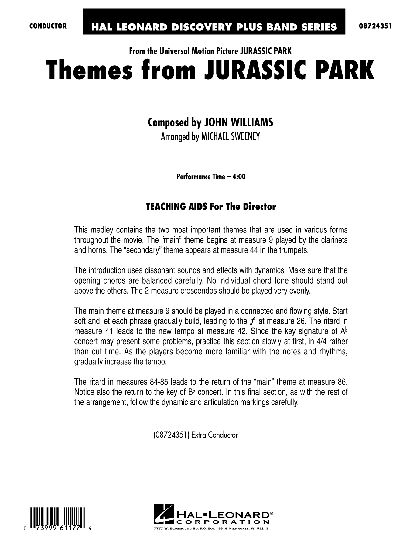 Themes from Jurassic Park (Medley) (arr. Michael Sweeney): Concert Band Conductor Score & Parts