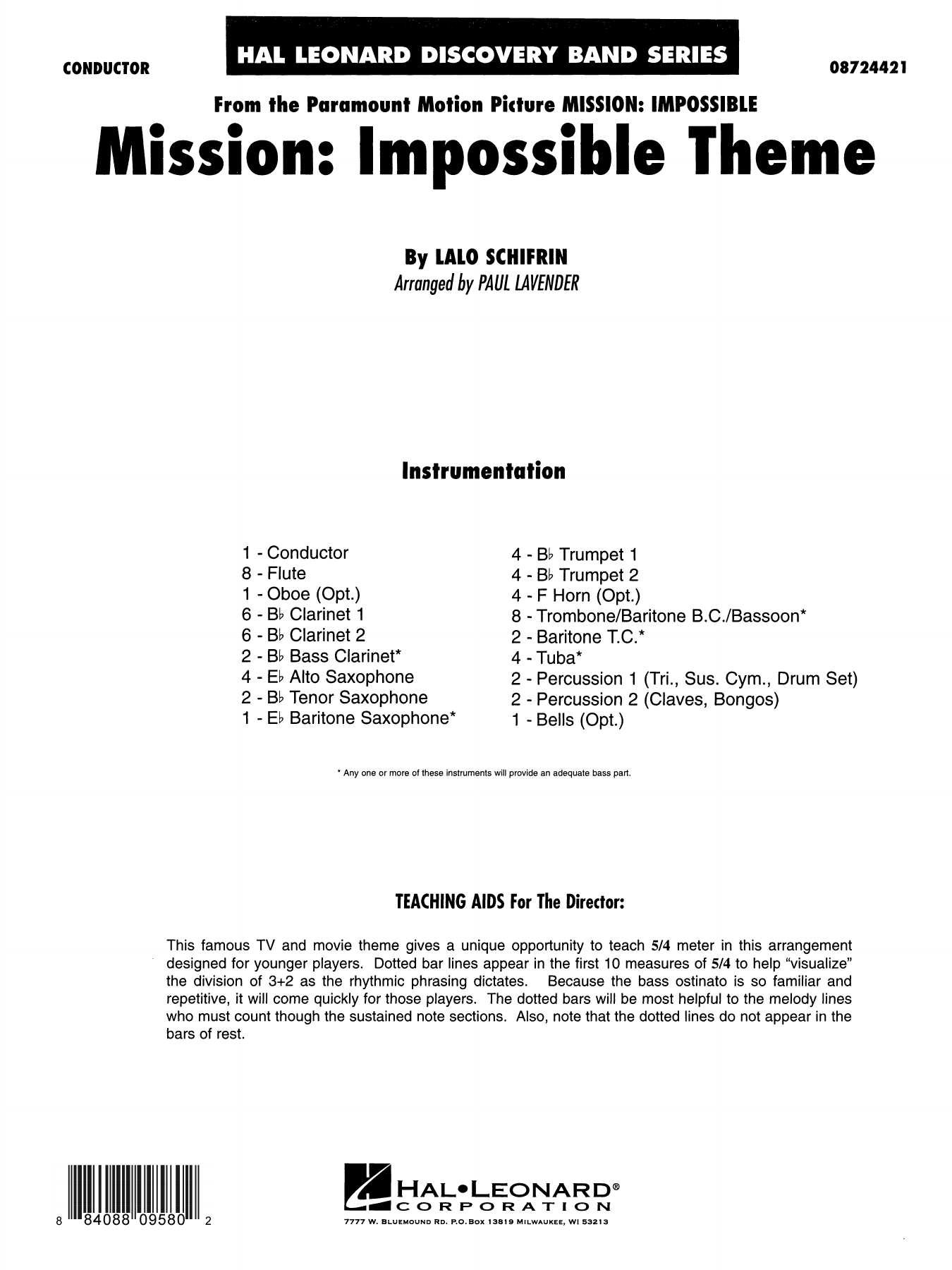 Mission: Impossible Theme (arr. Paul Lavender): Concert Band Conductor Score & Parts
