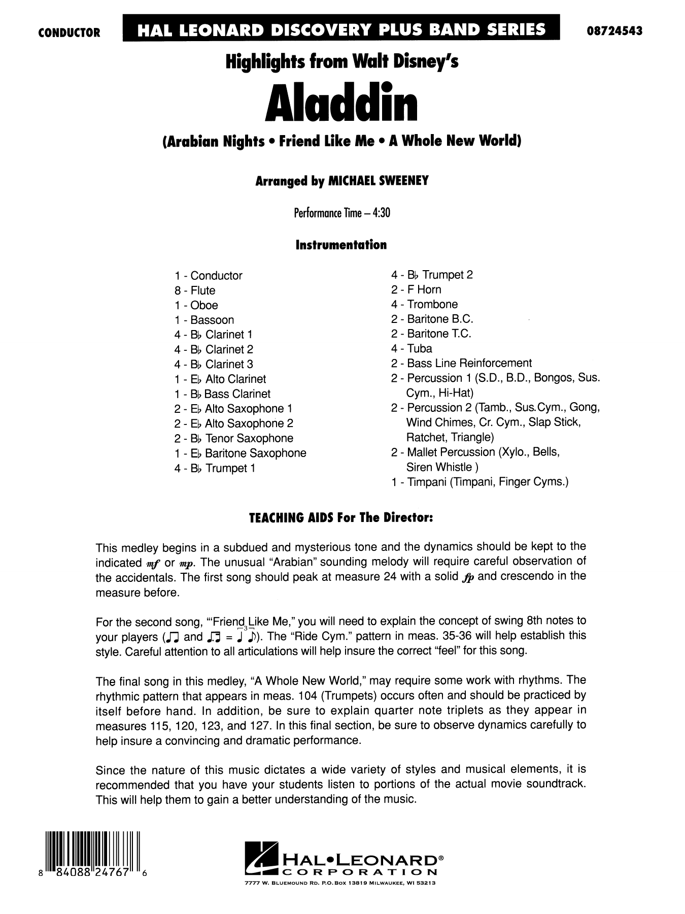 Highlights From Aladdin (arr. Michael Sweeney): Concert Band Conductor Score & Parts