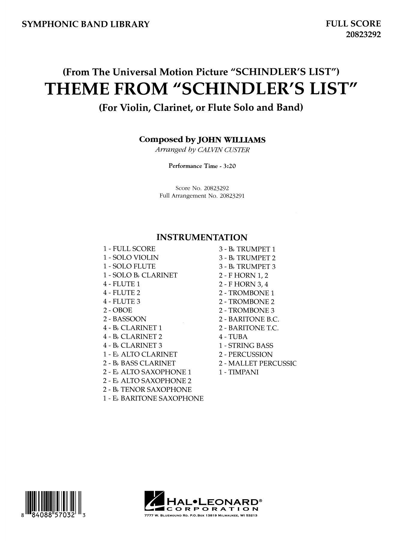 Theme from Schindler's List (arr. Calvin Custer): Concert Band Conductor Score & Parts