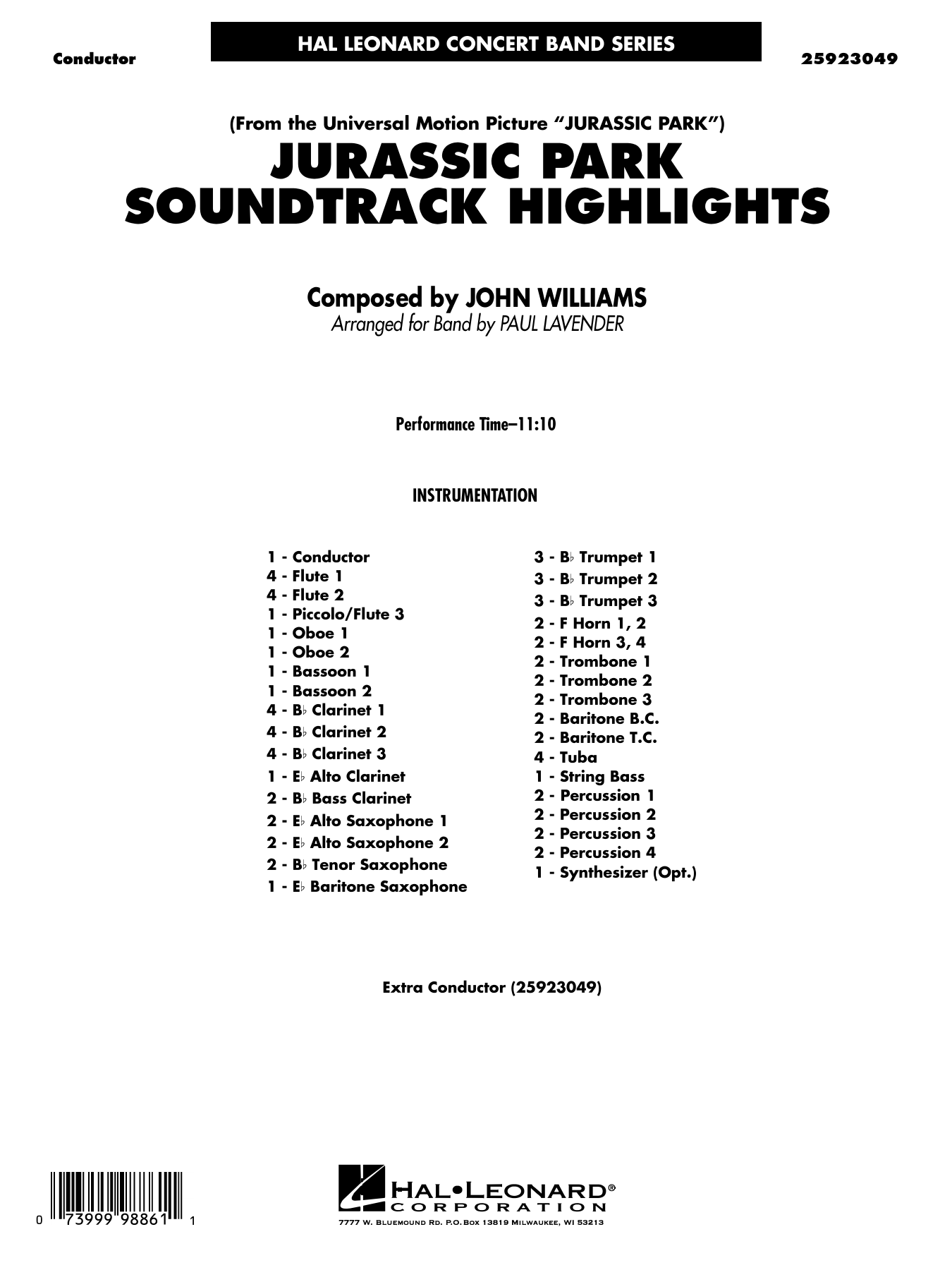 Jurassic Park Soundtrack Highlights (arr. Paul Lavender): Concert Band Conductor Score & Parts