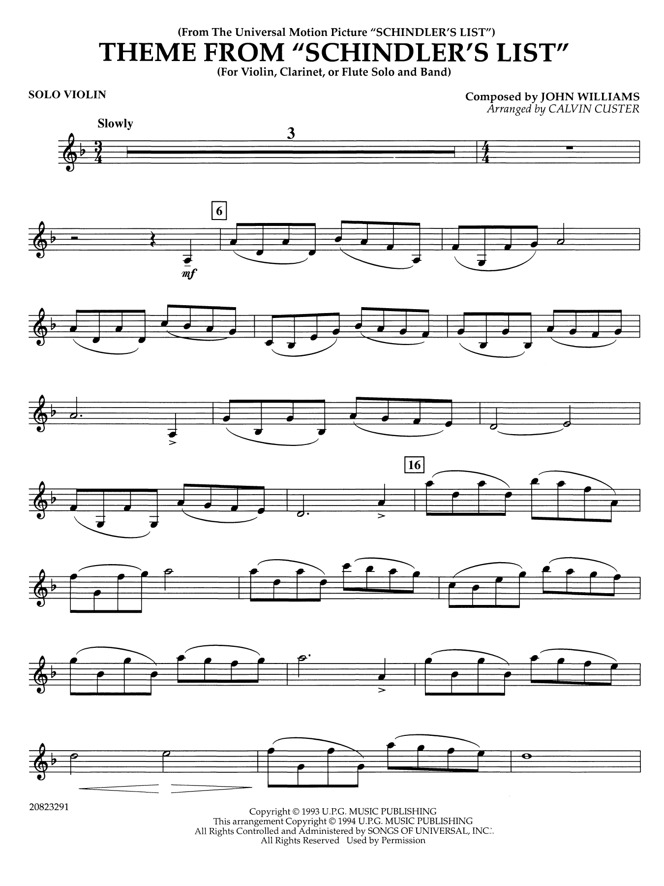 Theme from Schindler's List (arr. Calvin Custer) - Violin Solo