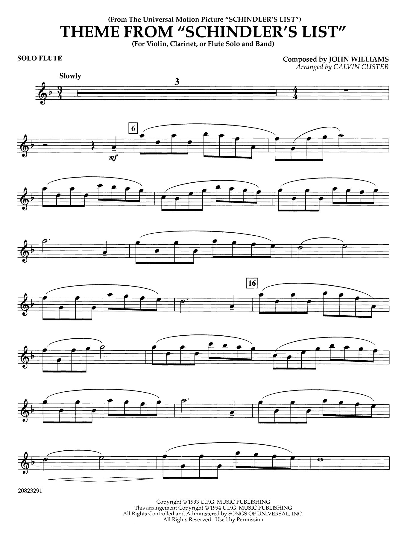 Theme from Schindler's List (arr. Calvin Custer) - Solo Flute