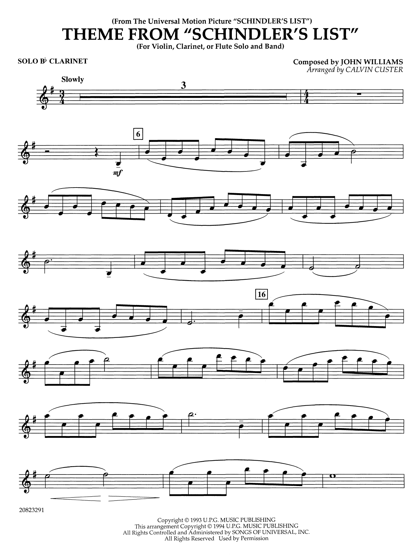 Theme from Schindler's List (arr. Calvin Custer) - Solo Bb Clarinet