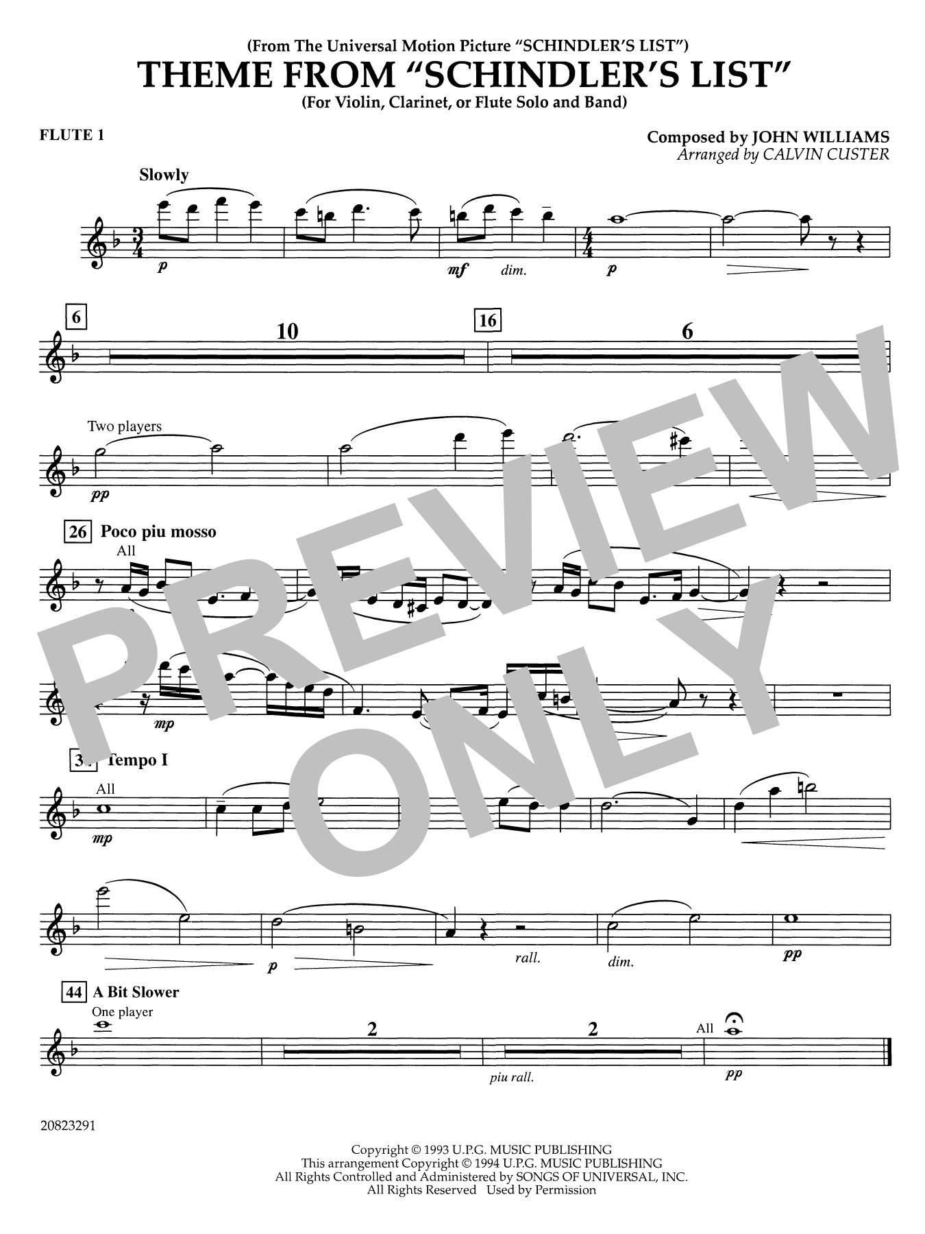 Theme from Schindler's List (arr. Calvin Custer) - Flute 1