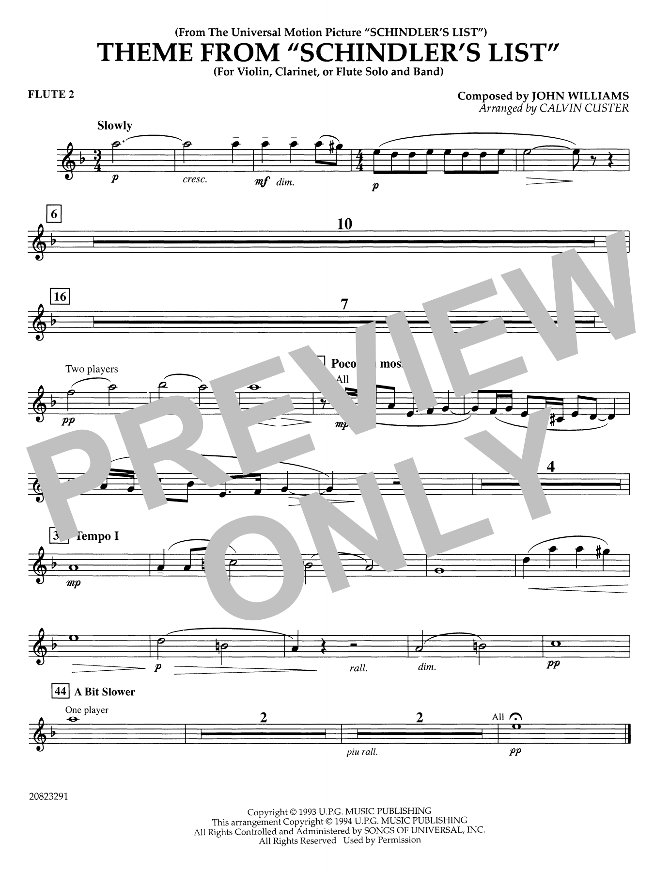 Theme from Schindler's List (arr. Calvin Custer) - Flute 2