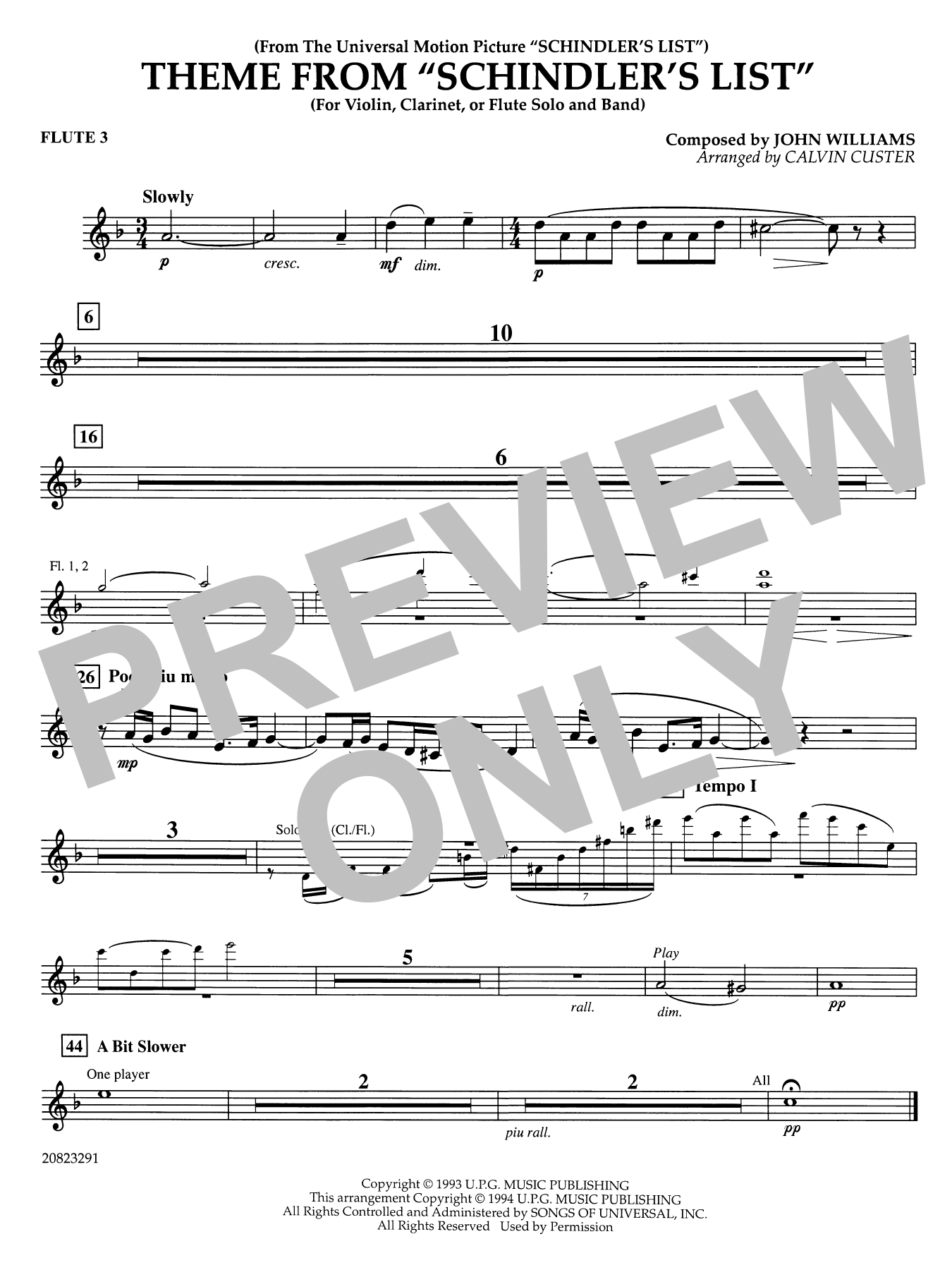 Theme from Schindler's List (arr. Calvin Custer) - Flute 3