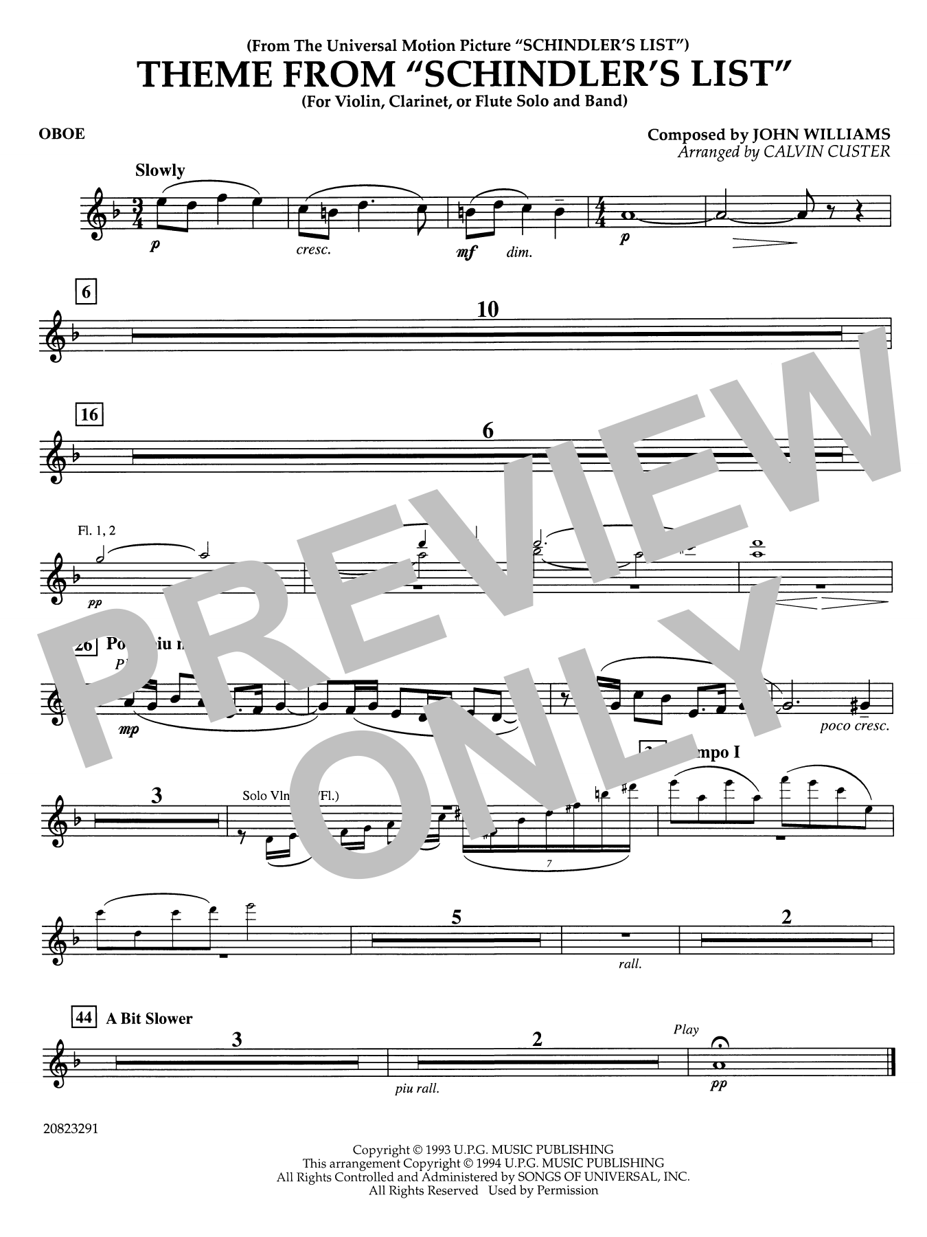 Theme from Schindler's List (arr. Calvin Custer) - Oboe