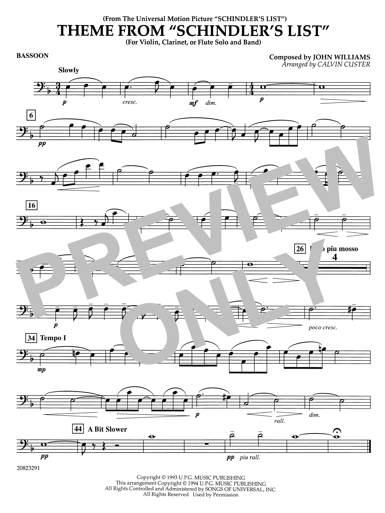 Theme from Schindler's List (arr. Calvin Custer) - Bassoon