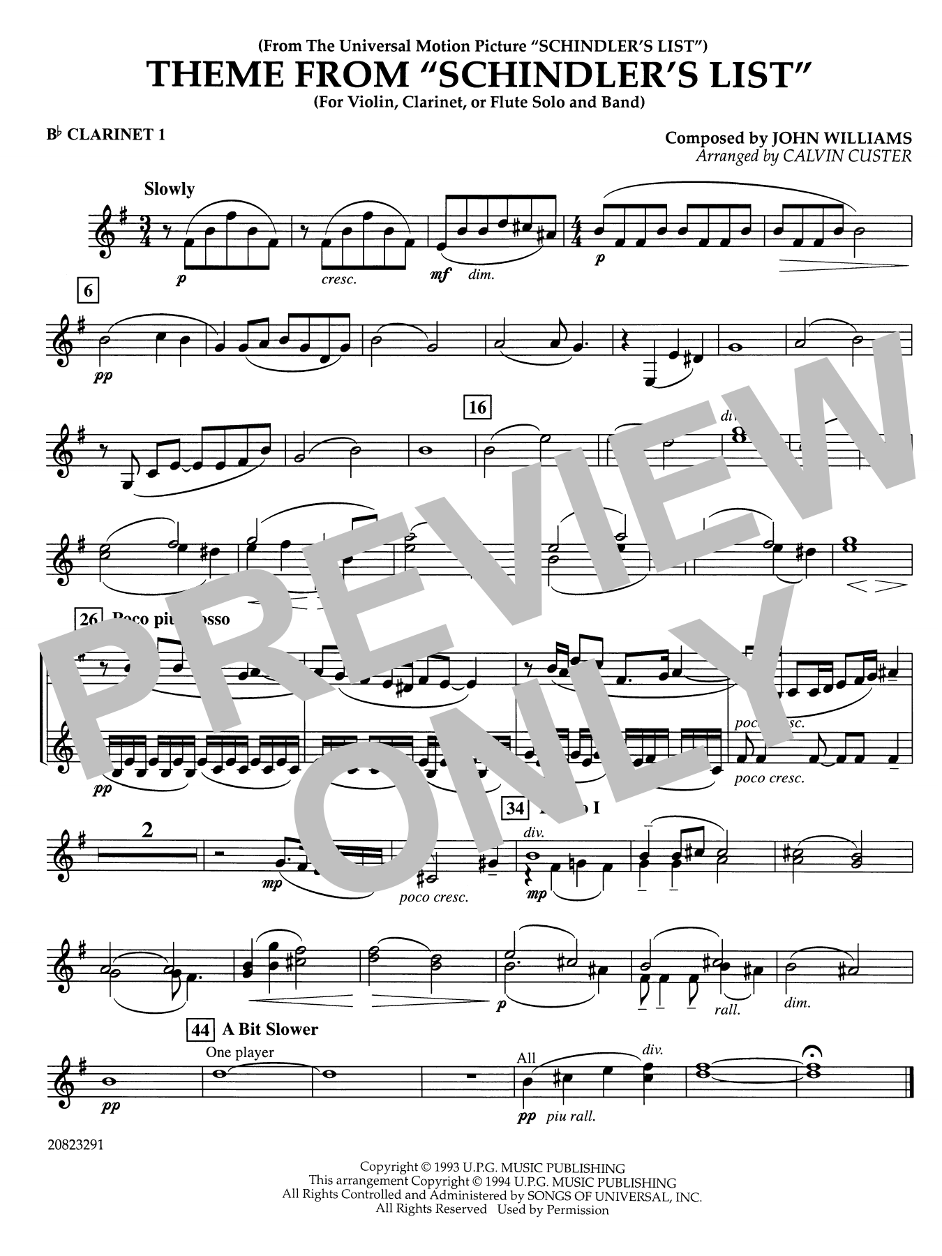 Theme from Schindler's List (arr. Calvin Custer) - Bb Clarinet 1