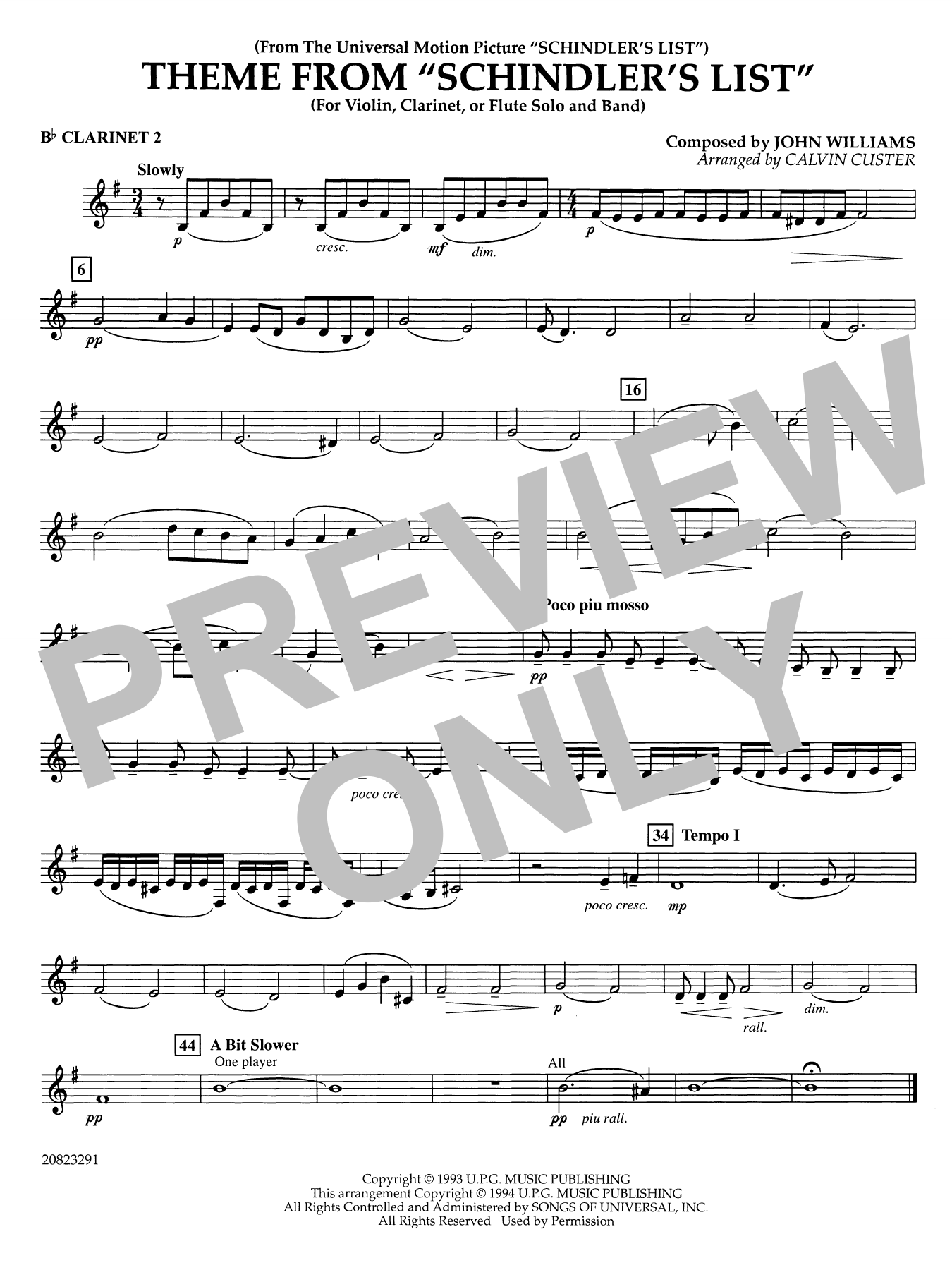 Theme from Schindler's List (arr. Calvin Custer) - Bb Clarinet 2