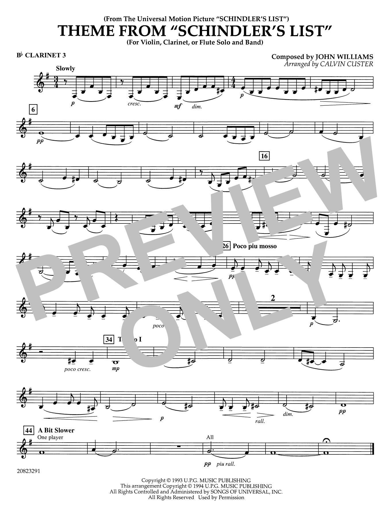 Theme from Schindler's List (arr. Calvin Custer) - Bb Clarinet 3