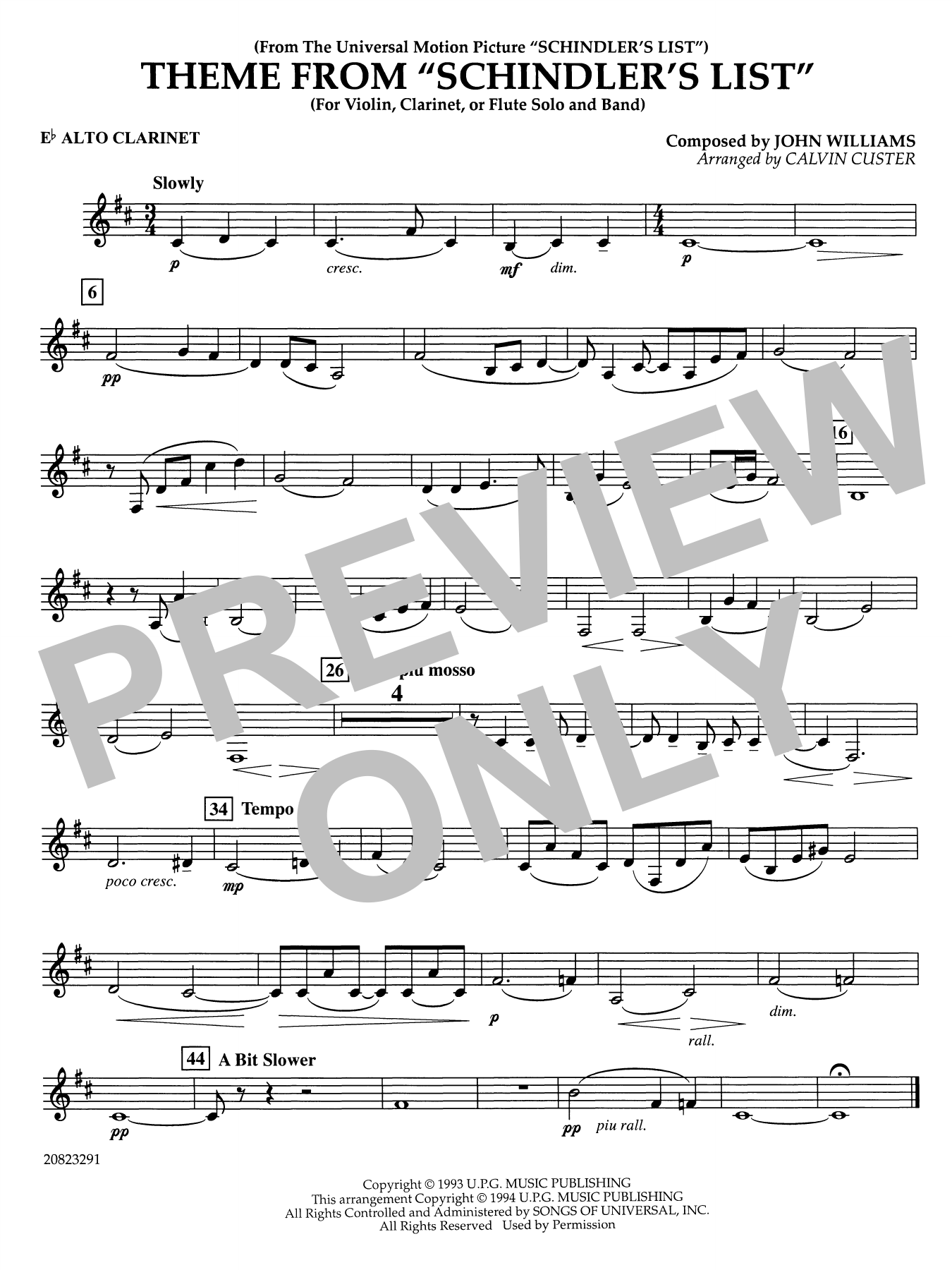 Theme from Schindler's List (arr. Calvin Custer) - Eb Alto Clarinet