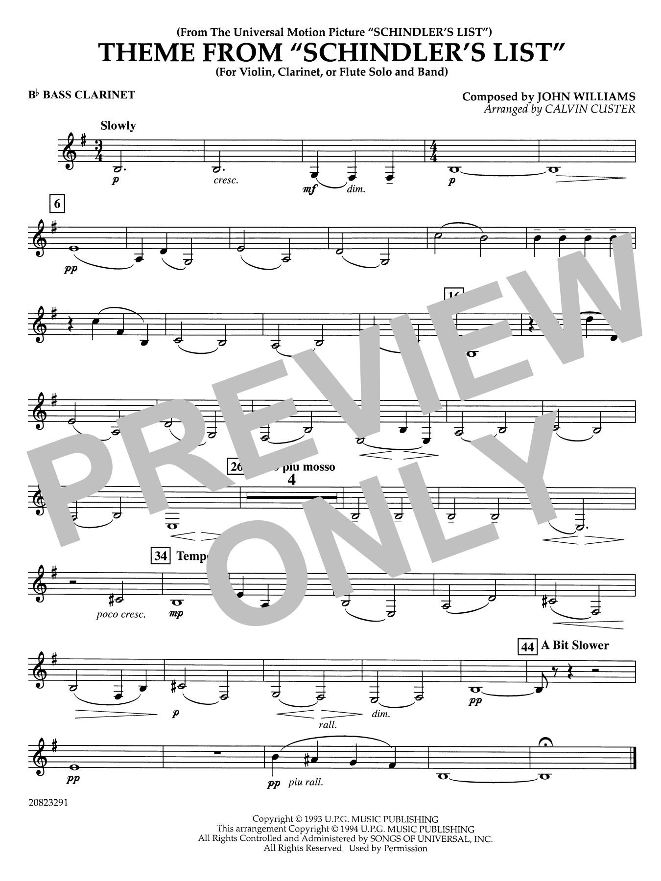 Theme from Schindler's List (arr. Calvin Custer) - Bb Bass Clarinet