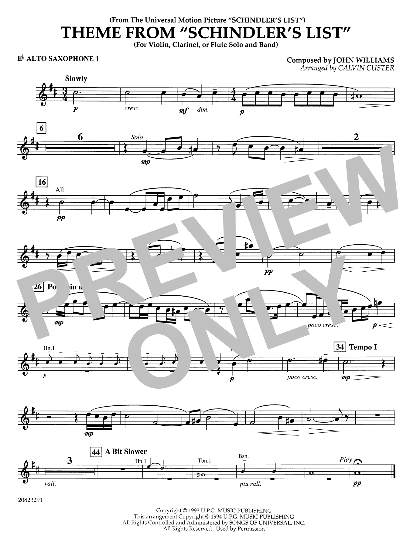 Theme from Schindler's List (arr. Calvin Custer) - Eb Alto Saxophone 1