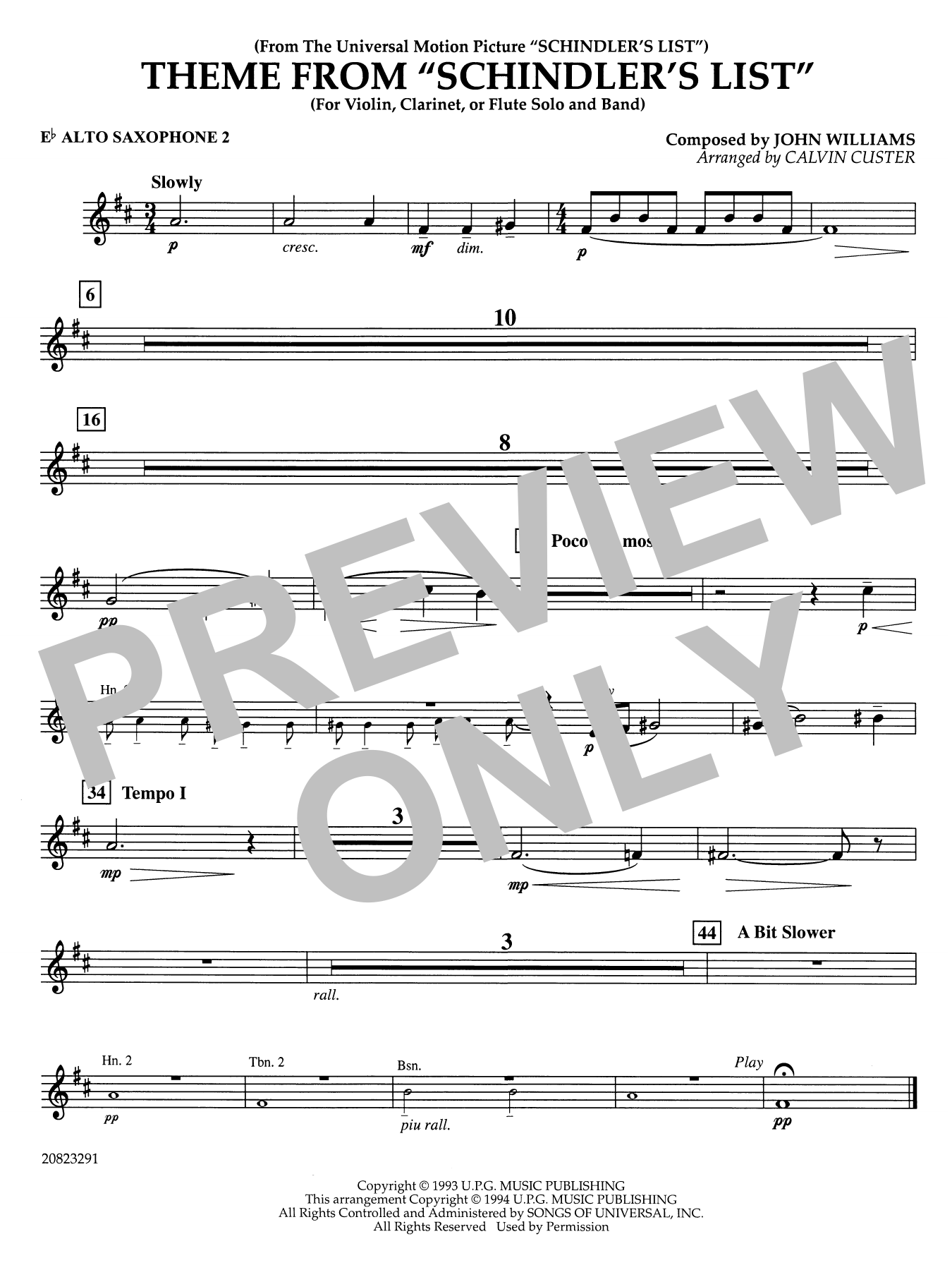 Theme from Schindler's List (arr. Calvin Custer) - Eb Alto Saxophone 2