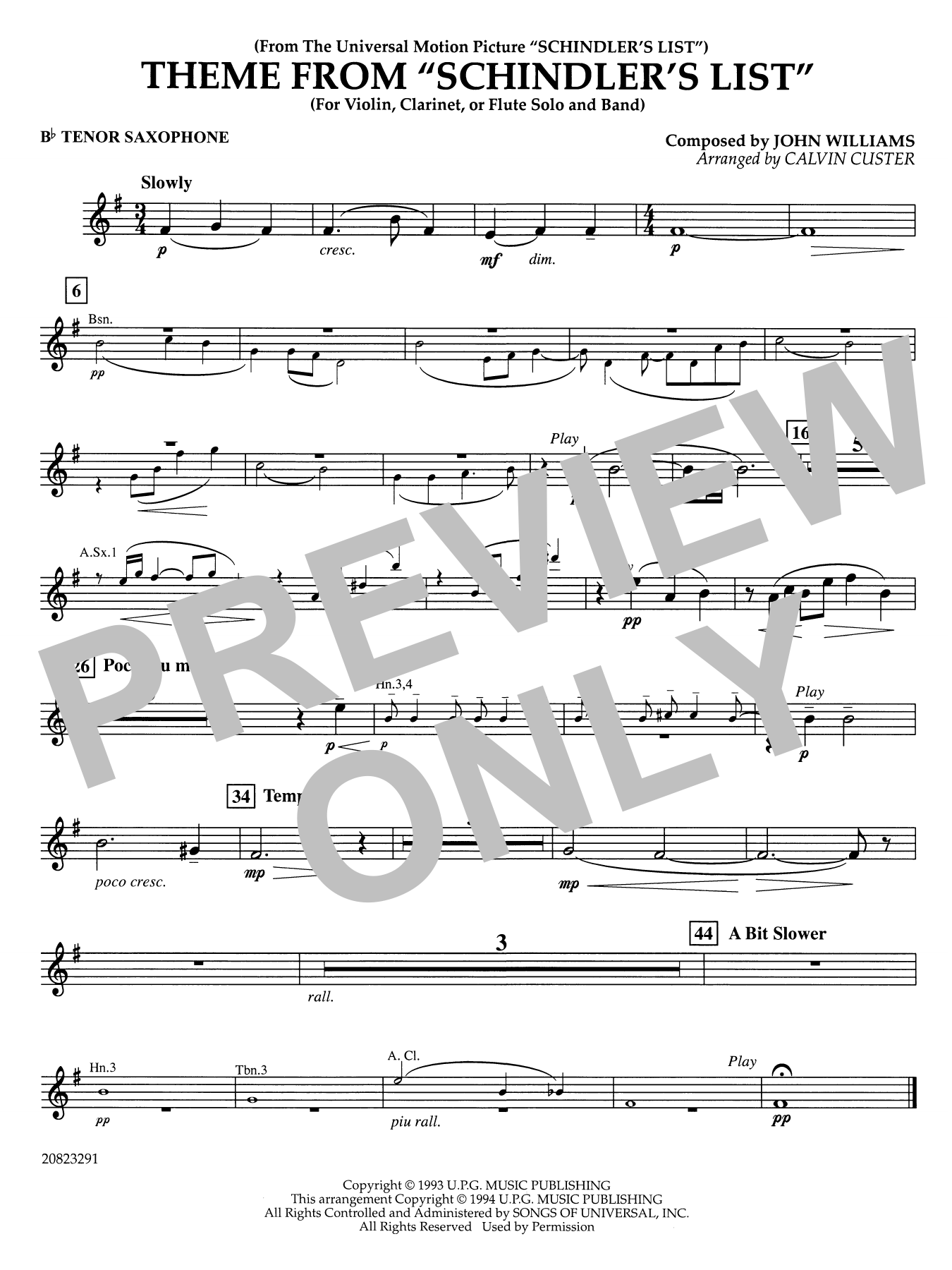 Theme from Schindler's List (arr. Calvin Custer) - Bb Tenor Saxophone