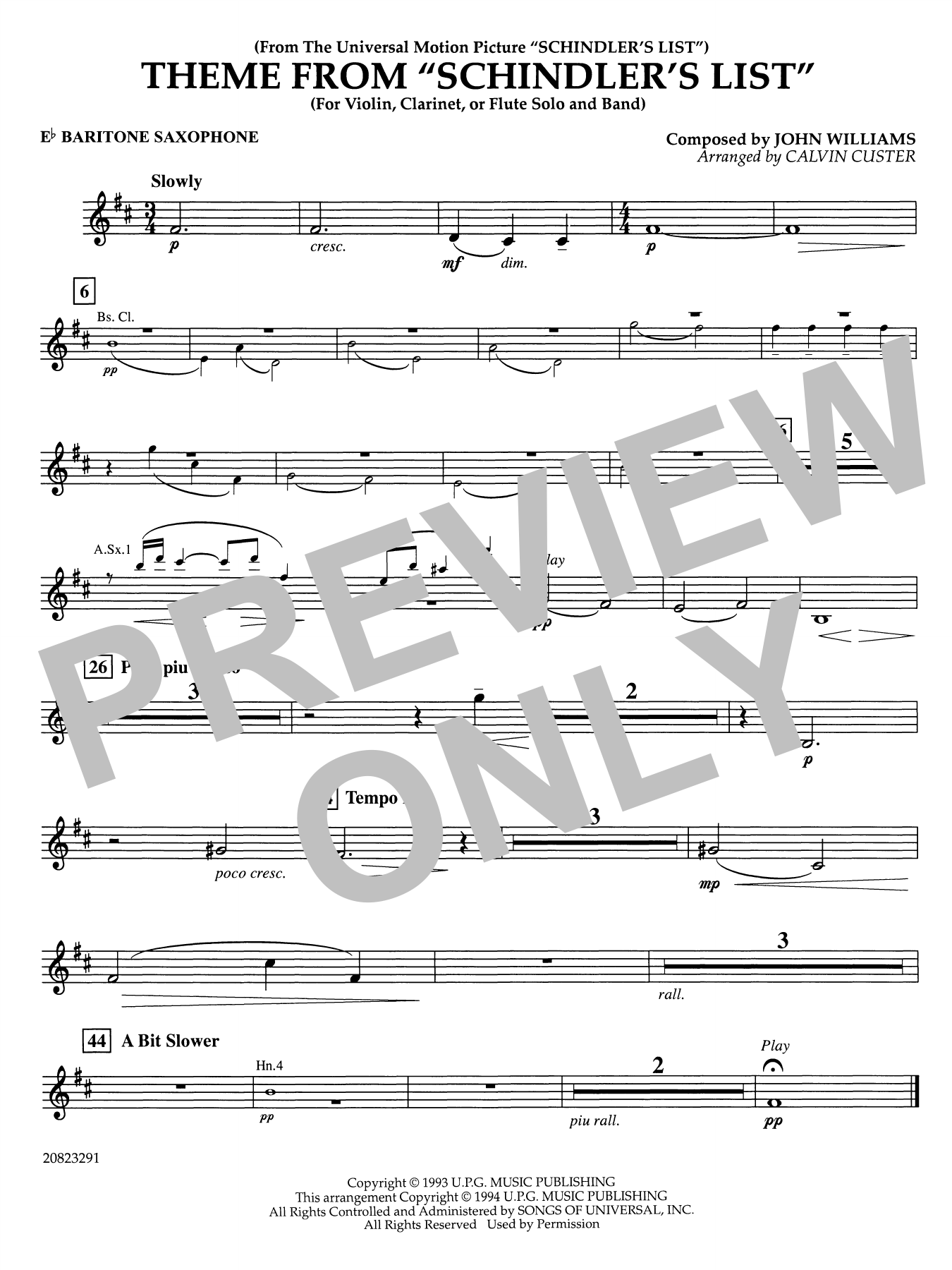 Theme from Schindler's List (arr. Calvin Custer) - Eb Baritone Saxophone