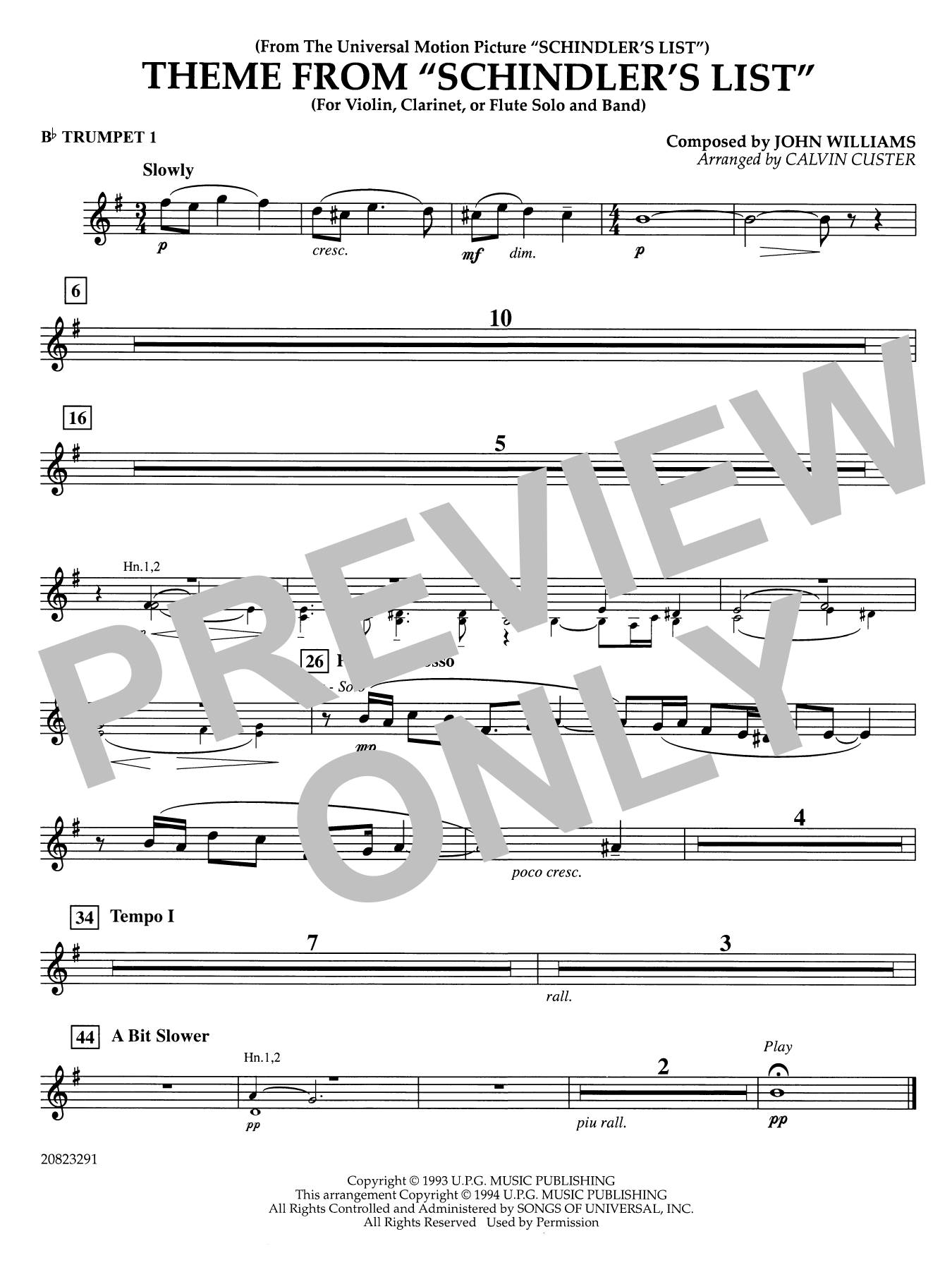 Theme from Schindler's List (arr. Calvin Custer) - Bb Trumpet 1