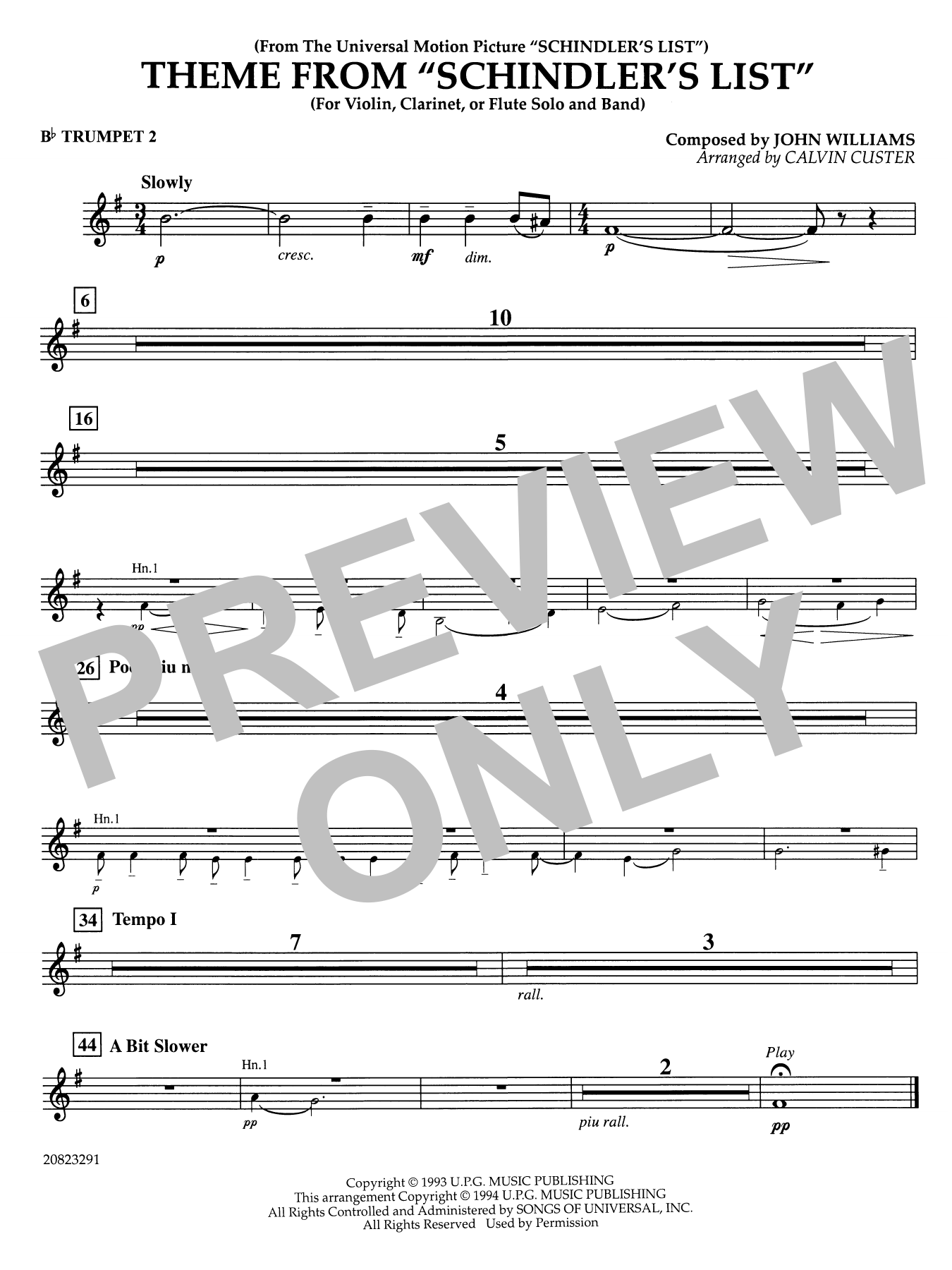 Theme from Schindler's List (arr. Calvin Custer) - Bb Trumpet 2