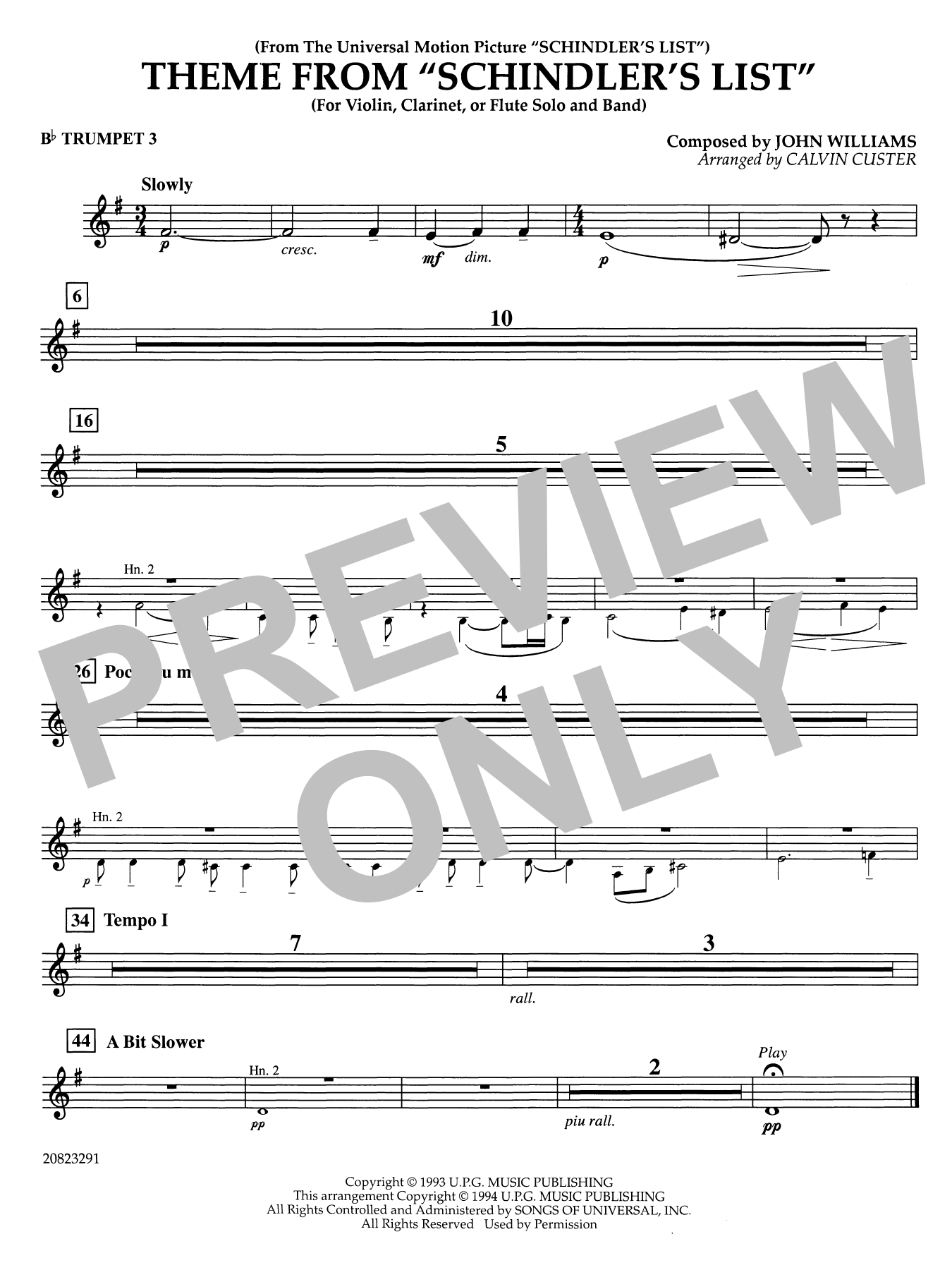 Theme from Schindler's List (arr. Calvin Custer) - Bb Trumpet 3