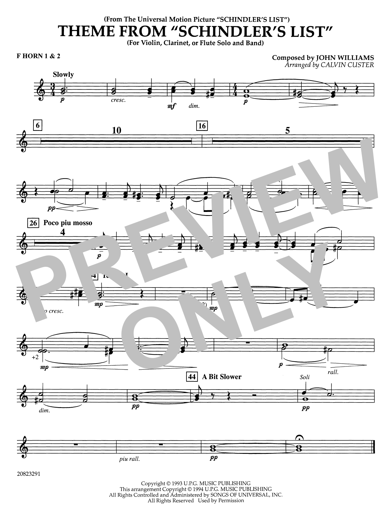 Theme from Schindler's List (arr. Calvin Custer) - F Horn 1 2