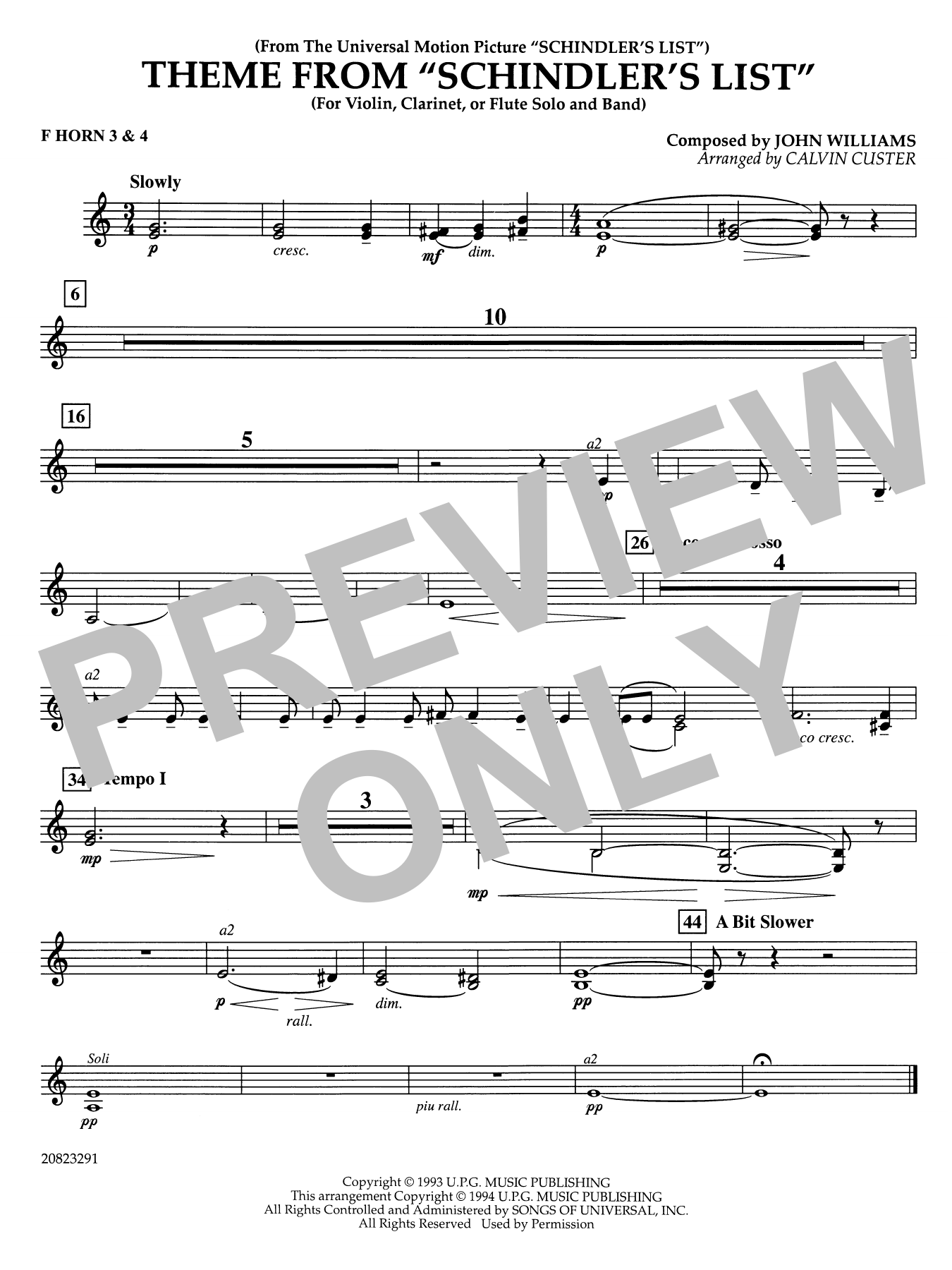 Theme from Schindler's List (arr. Calvin Custer) - F Horn 3 4