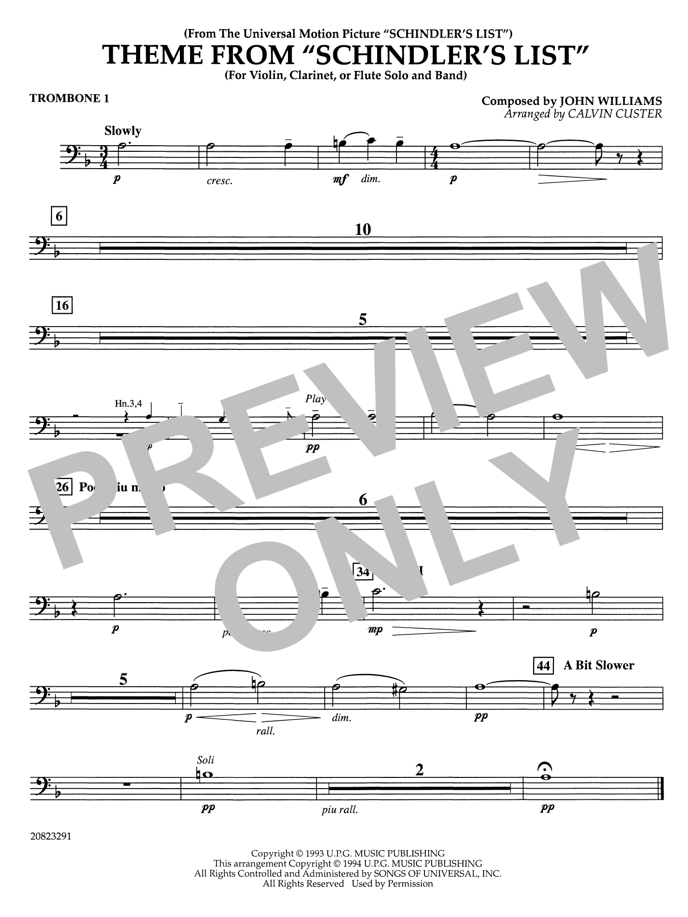 Theme from Schindler's List (arr. Calvin Custer) - Trombone 1