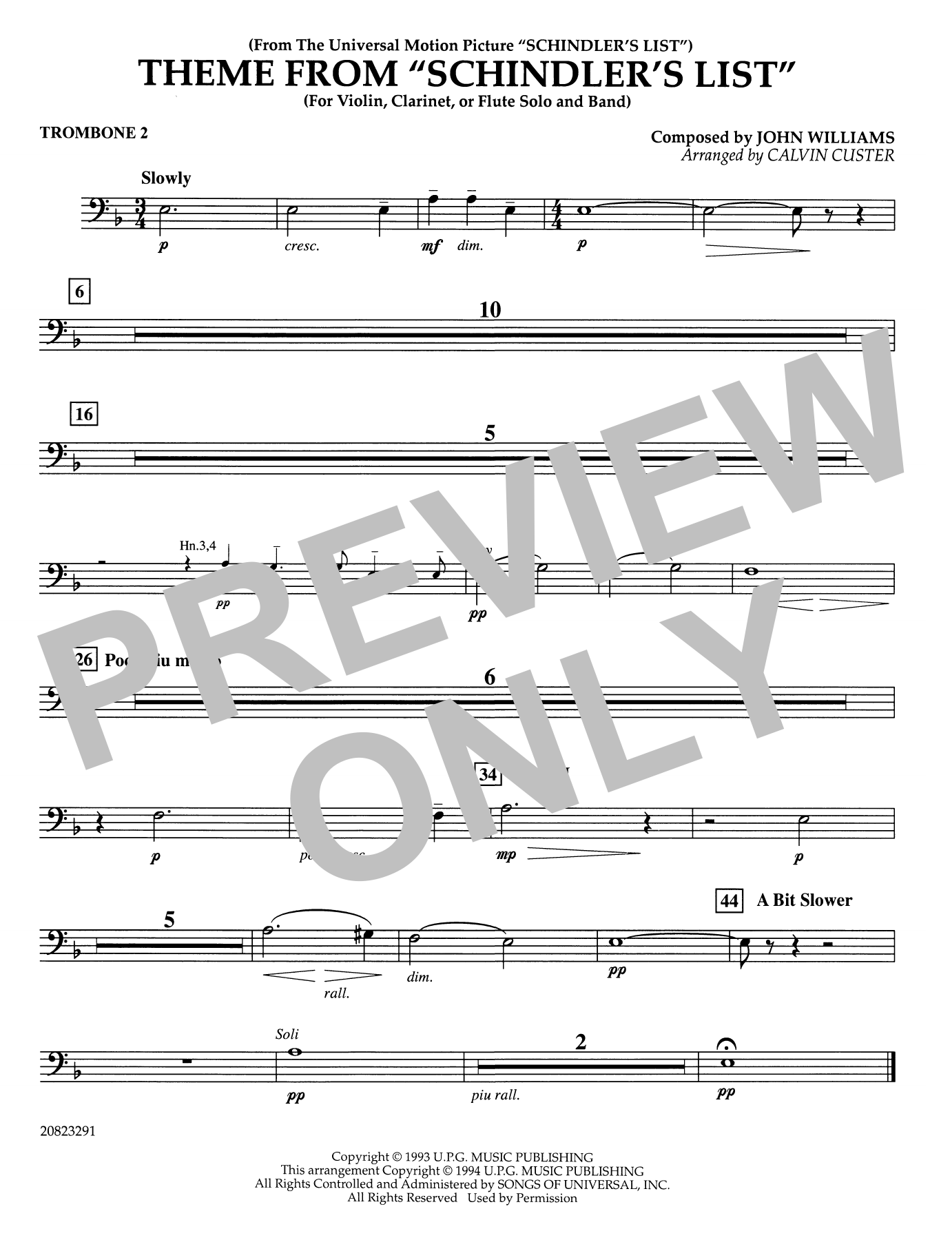 Theme from Schindler's List (arr. Calvin Custer) - Trombone 2