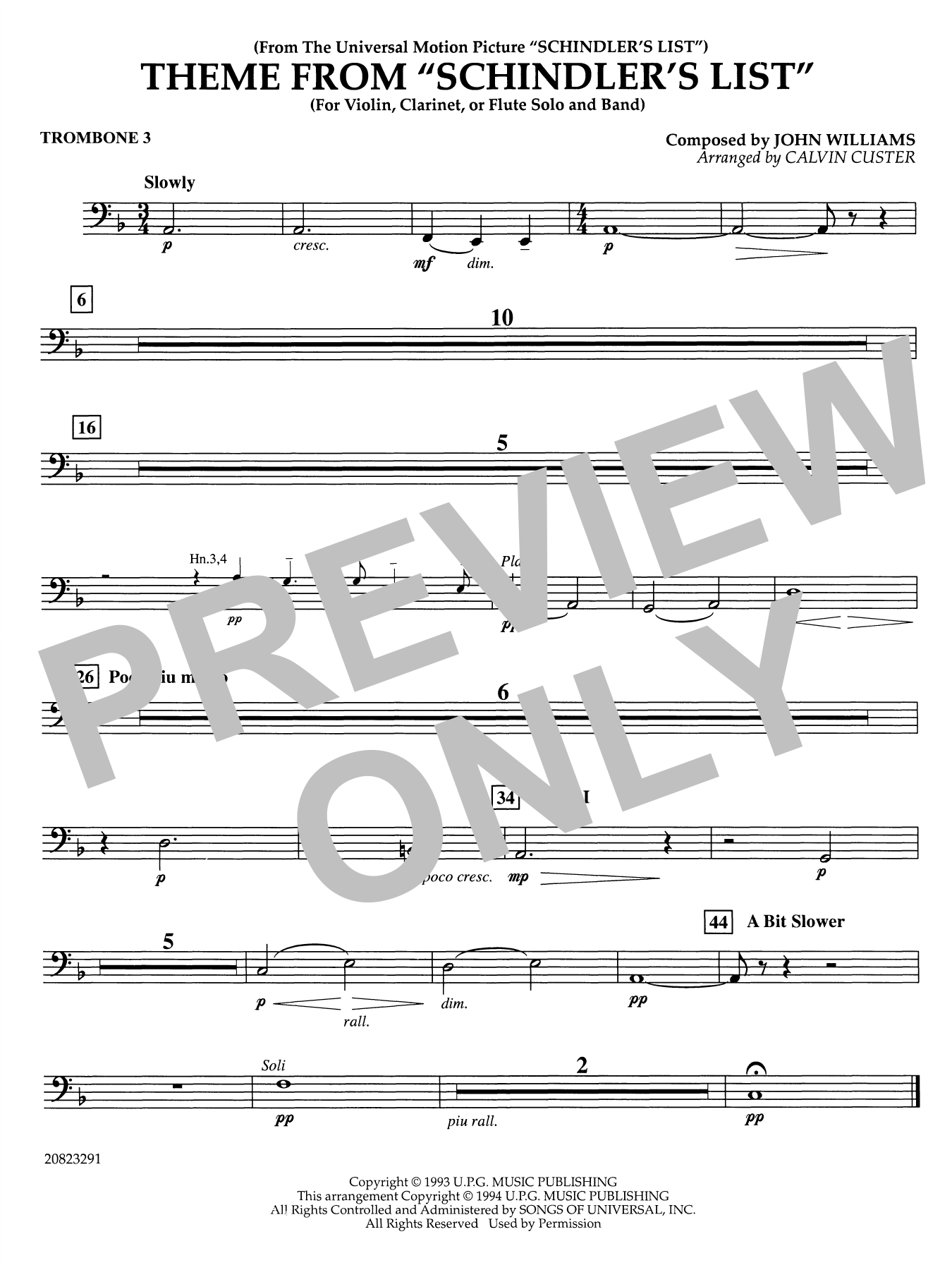Theme from Schindler's List (arr. Calvin Custer) - Trombone 3