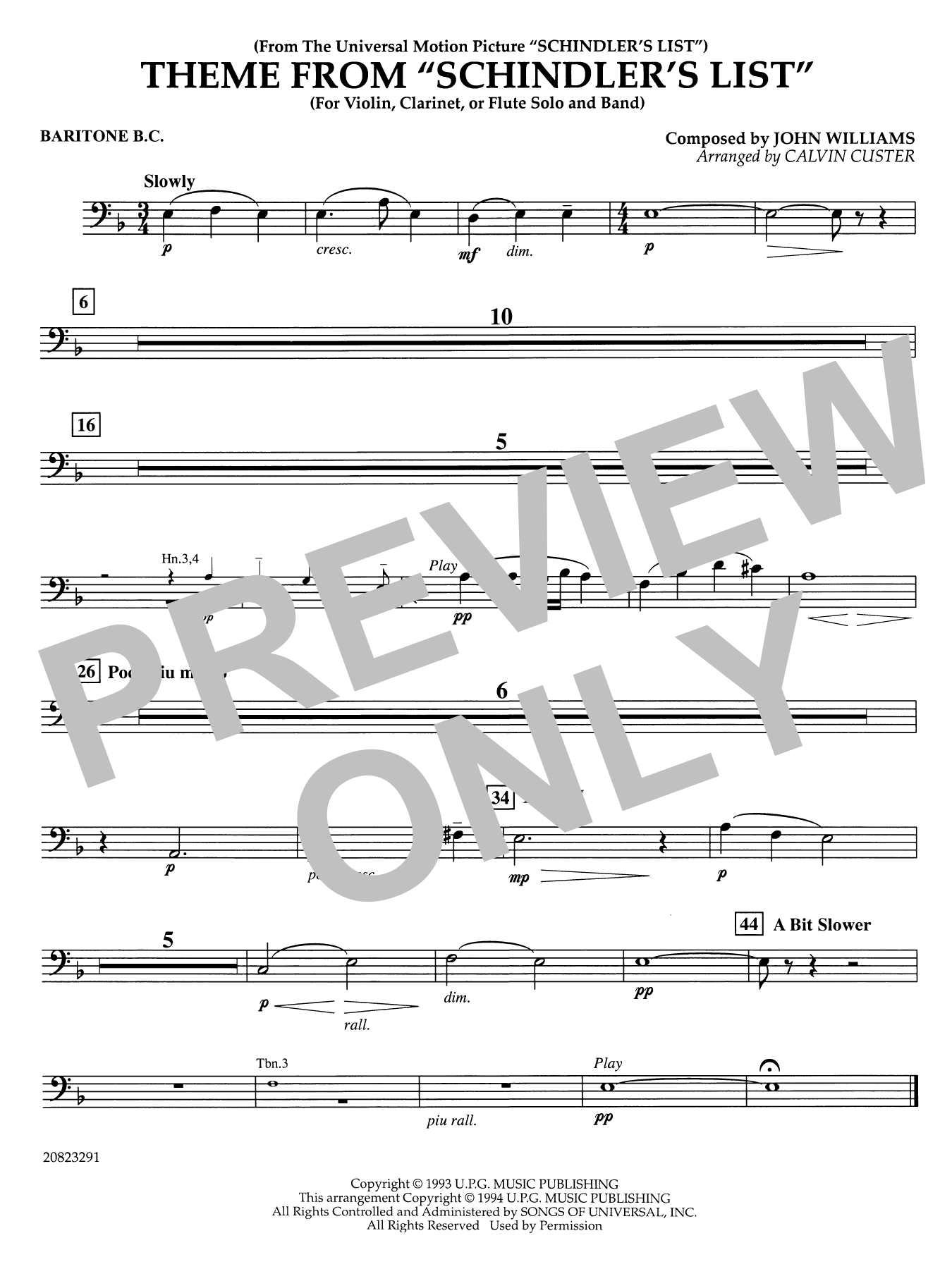 Theme from Schindler's List (arr. Calvin Custer) - Baritone B.C.