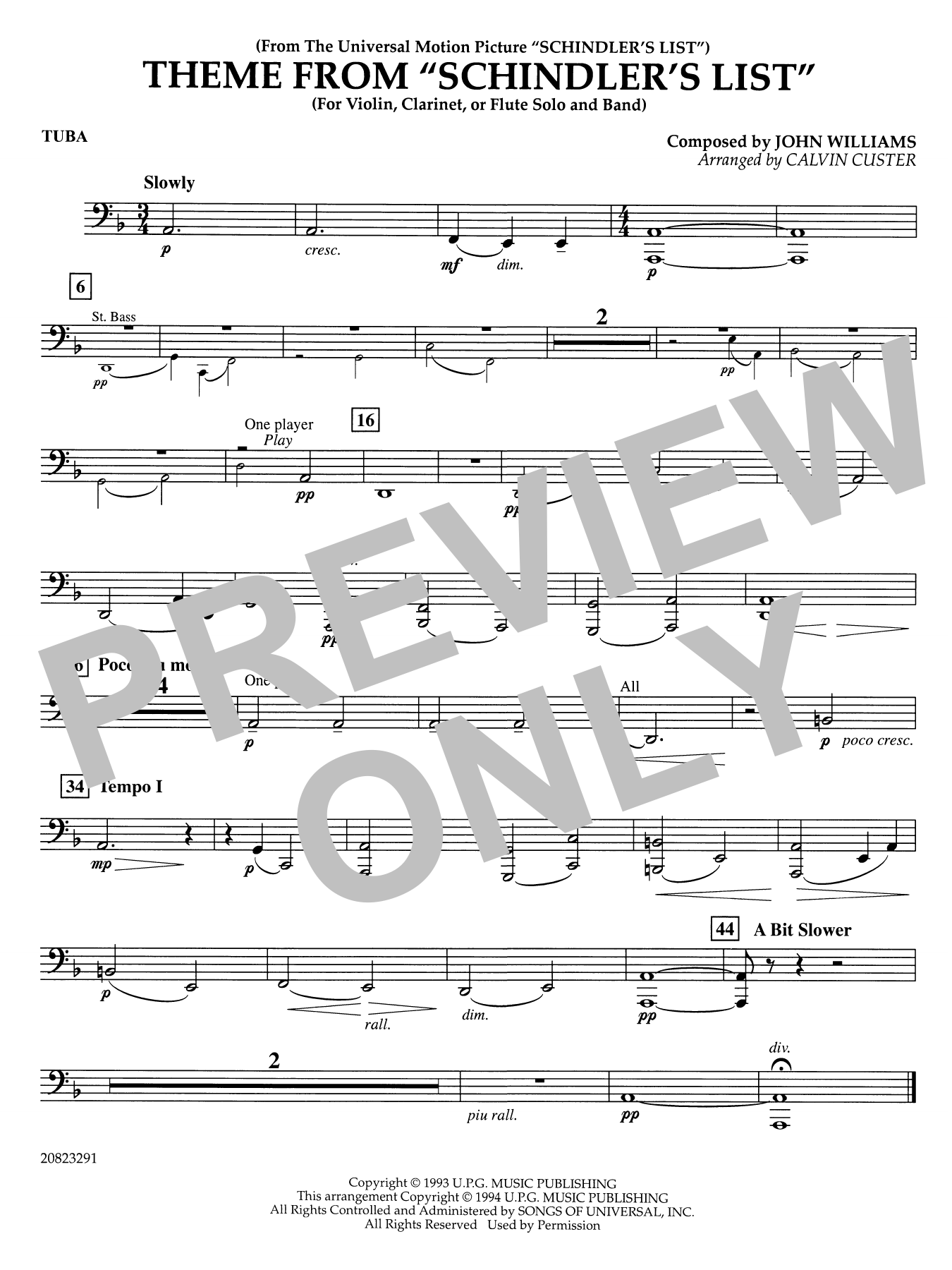 Theme from Schindler's List (arr. Calvin Custer) - Tuba