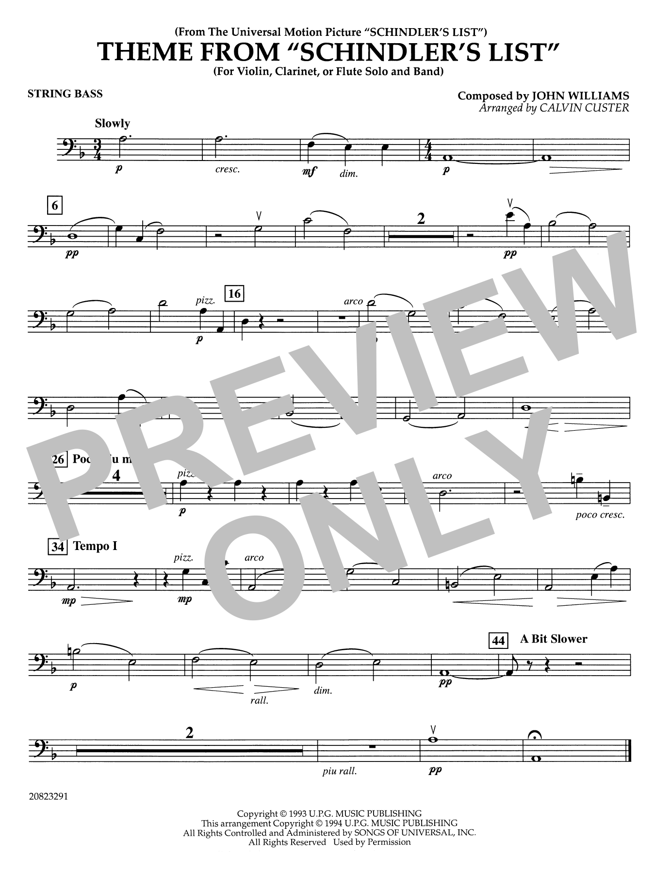Theme from Schindler's List (arr. Calvin Custer) - String Bass